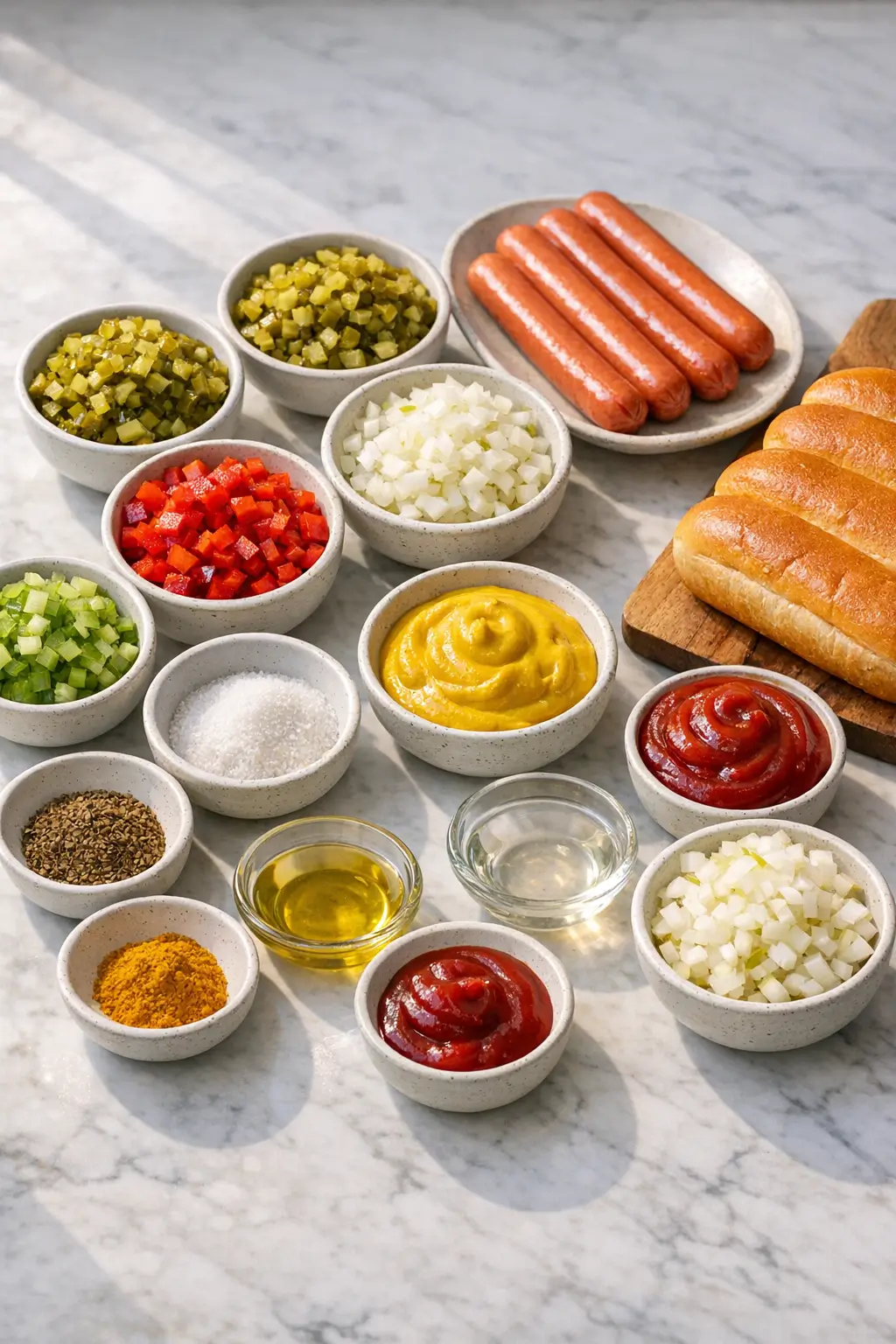 Bowls of chopped dill pickles, sweet pickles, onion, red bell pepper and mustard for homemade hot dog relish