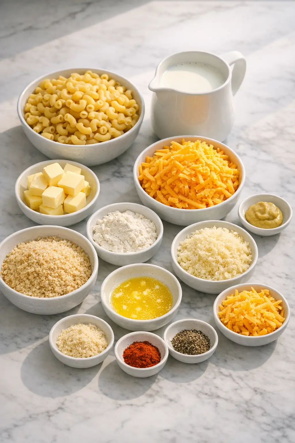 Classic mac and cheese ingredients laid out on a kitchen counter: elbow macaroni, shredded cheddar and Parmesan, milk, butter, flour, and breadcrumbs