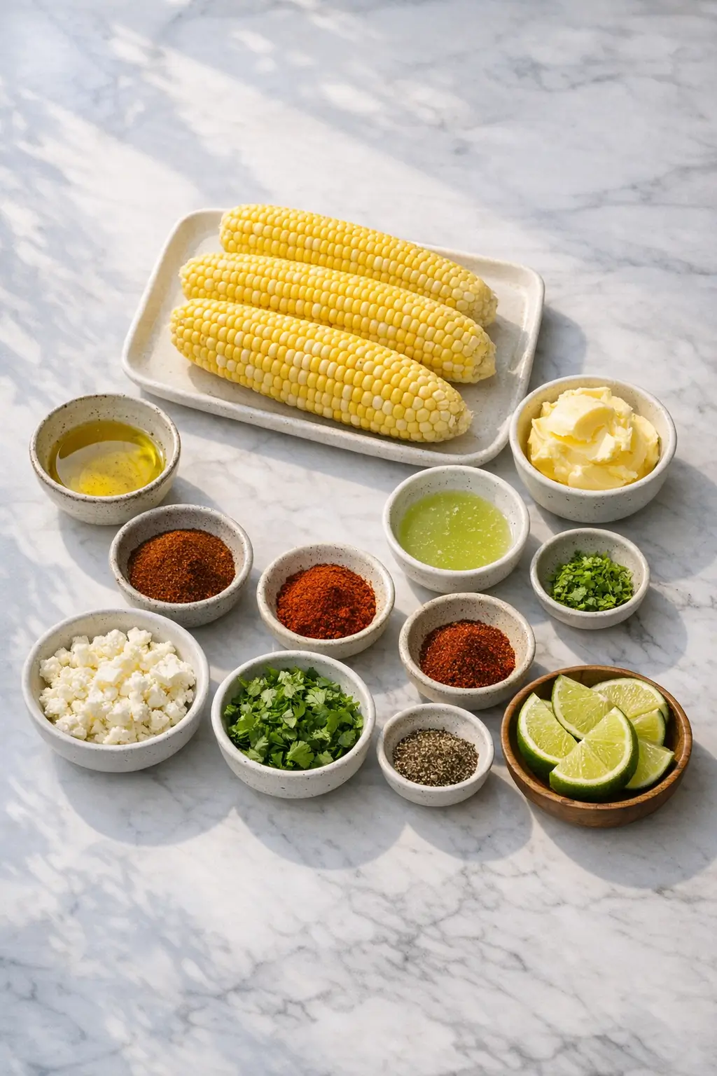 Ingredients for chili-lime buttered corn: husked sweet corn, butter, limes, chili powder and spices