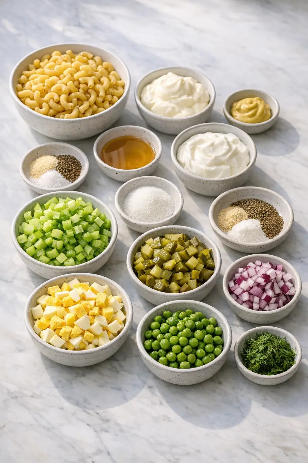 Ingredients for macaroni salad: elbow pasta, mayonnaise, yogurt, celery, red onion, pickles, eggs, and fresh dill arranged on a countertop