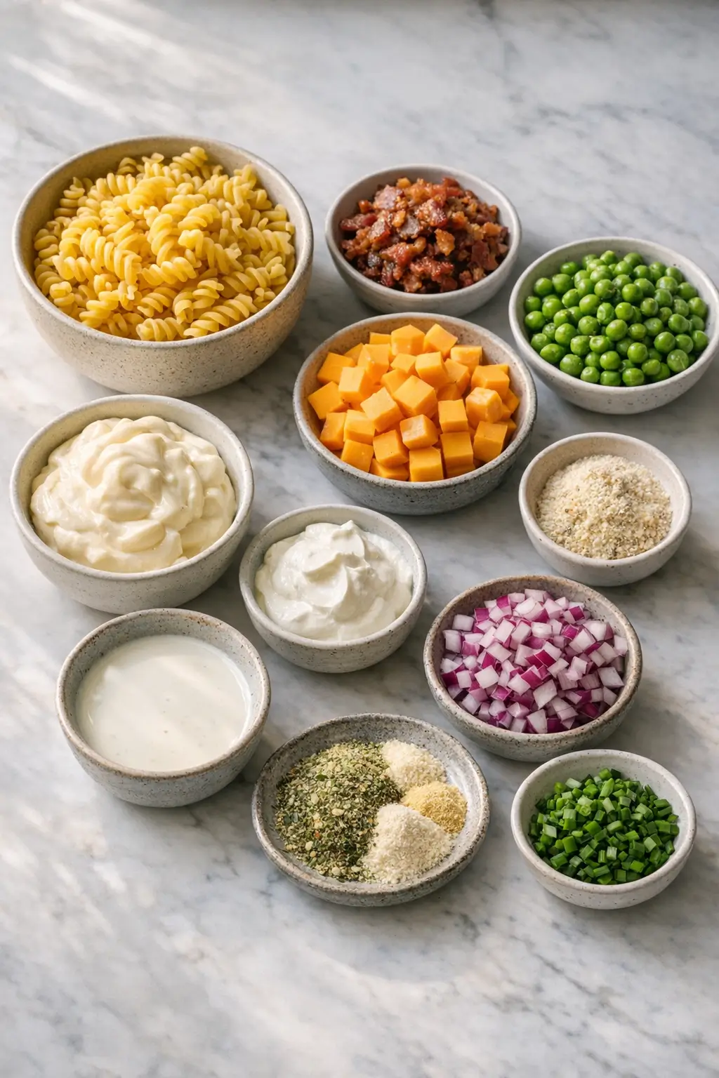 Ingredients for creamy pasta salad with bacon and ranch: dry pasta, cubed cheddar, peas, diced onion, and bacon on a cutting board