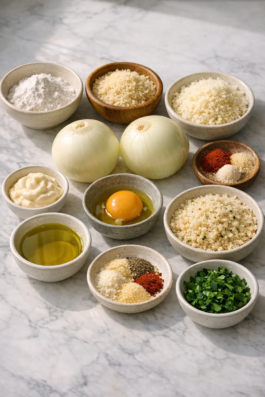 Ingredients laid out for oven-baked onion ring chips: sliced onions, grated Parmesan, panko, flour, egg, and seasonings