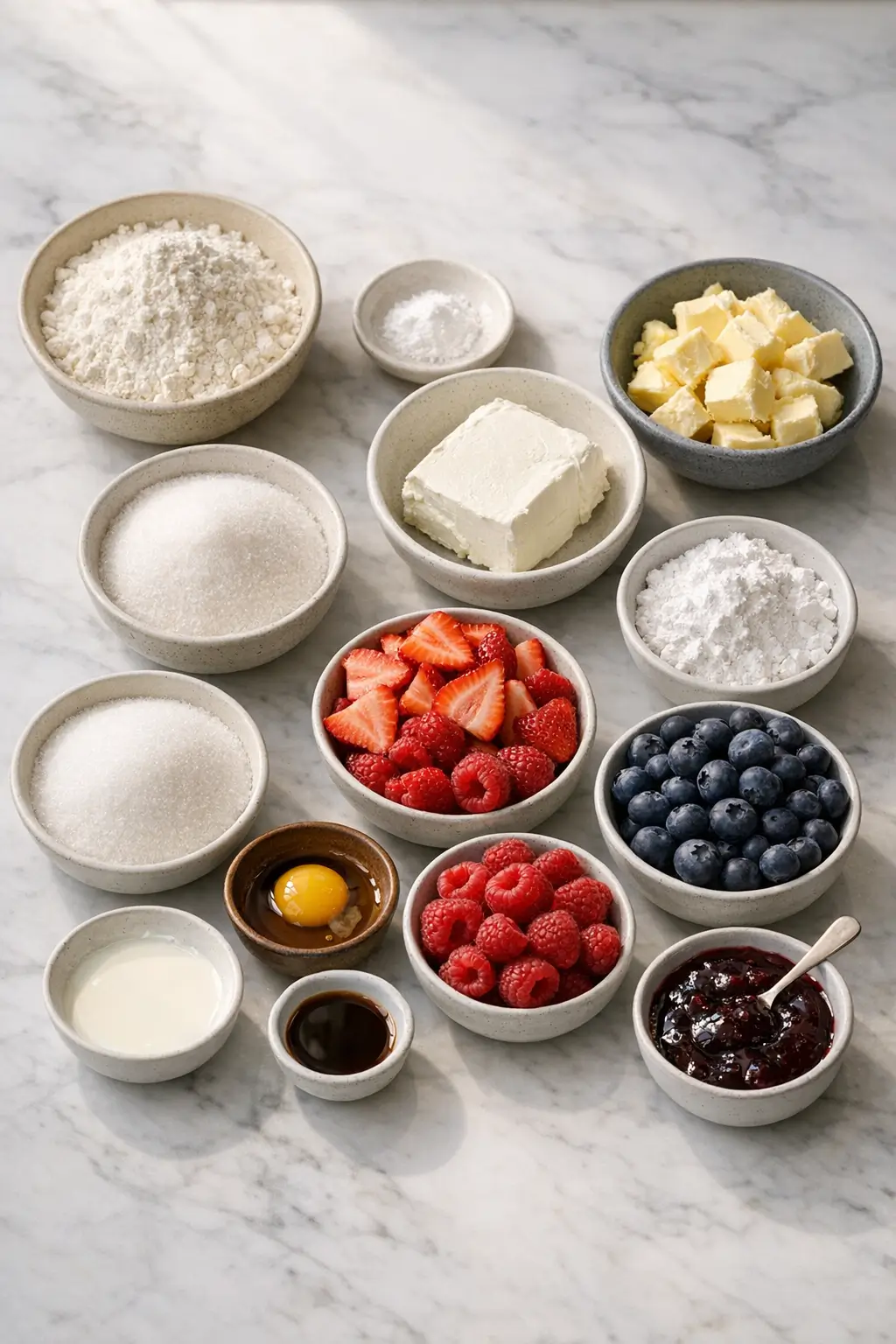 Ingredients for fruit pizza on a counter: flour, butter, sugar, egg, cream cheese, and fresh berries