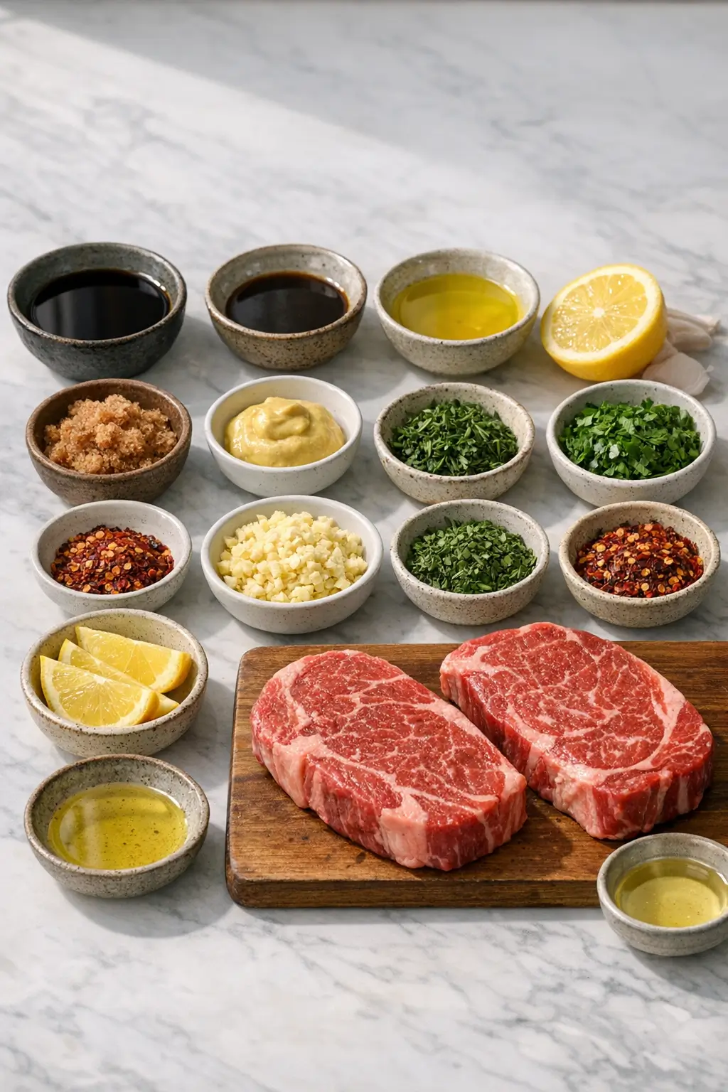 Bowls and measuring spoons with ingredients for a garlic and herb steak marinade including soy sauce, olive oil, garlic, and fresh rosemary