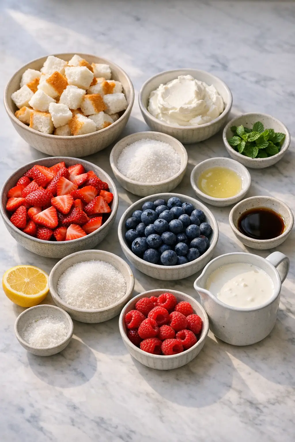 Prepped ingredients for Fourth of July trifle: sliced strawberries, blueberries, raspberries, cream cheese, and cubed angel food cake