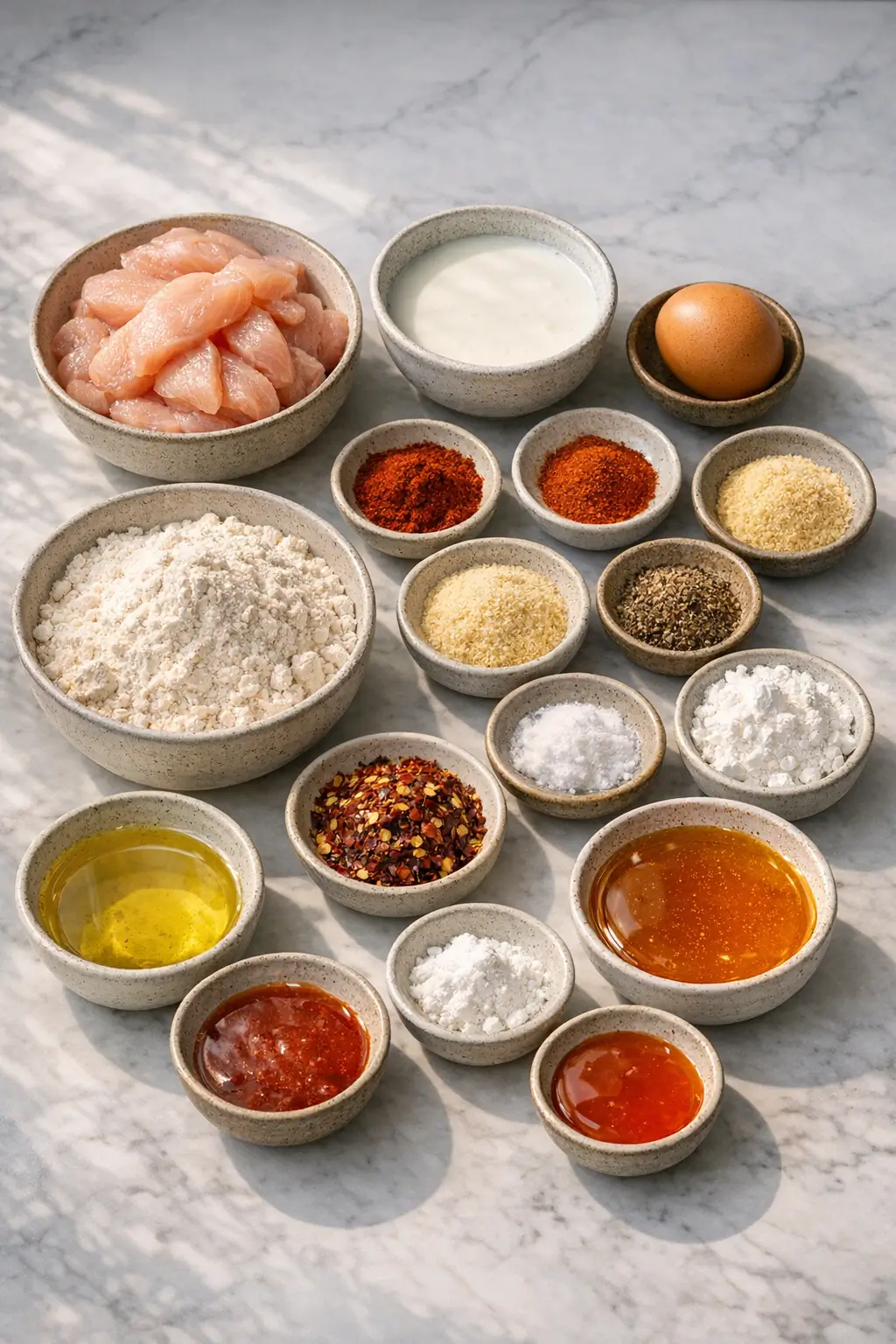 Bowls of flour, cornstarch, spices, eggs, and buttermilk with raw chicken strips ready for marinating