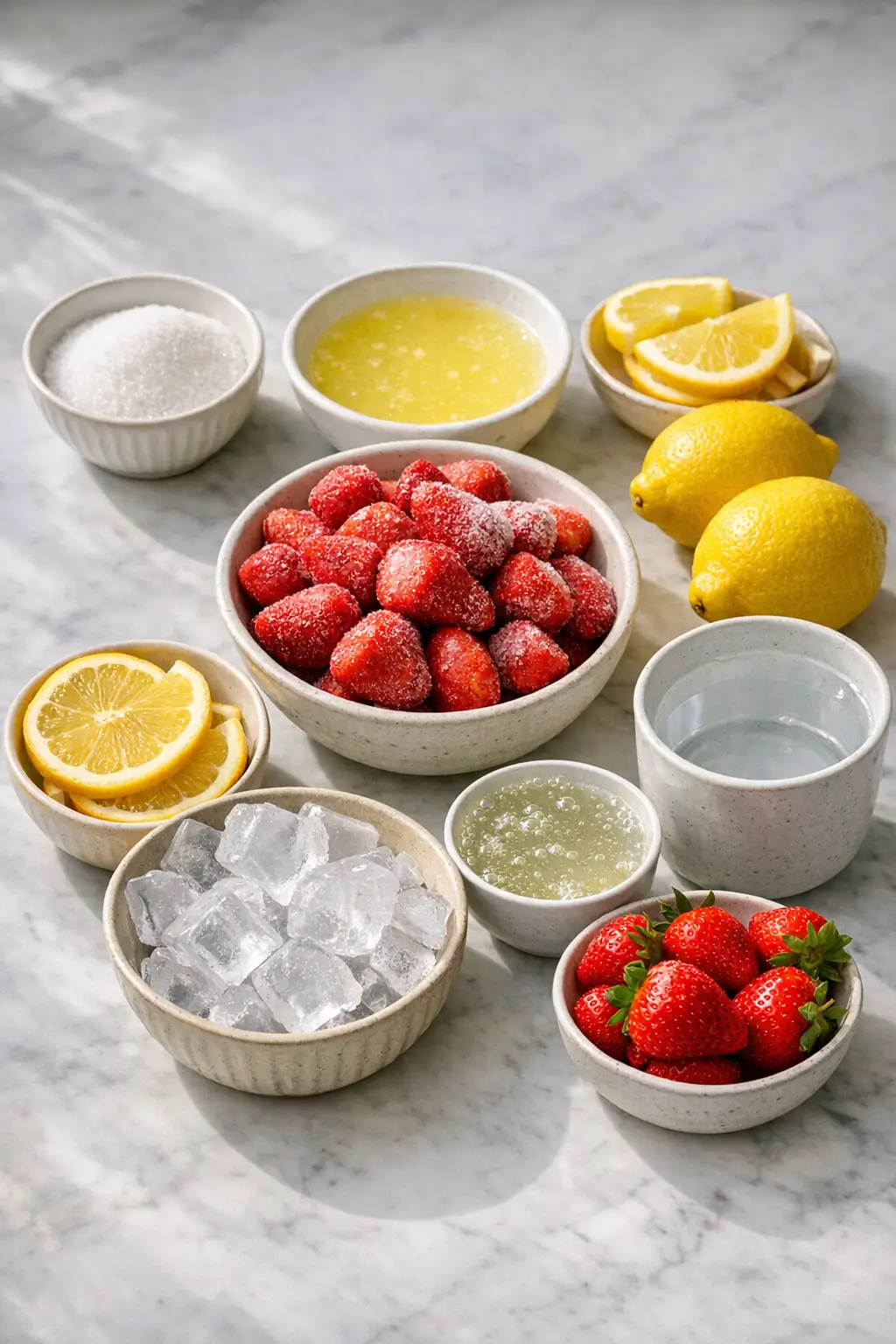 Measured ingredients for frozen strawberry lemonade slush: frozen strawberries, lemons, sugar, water and ice on a kitchen surface