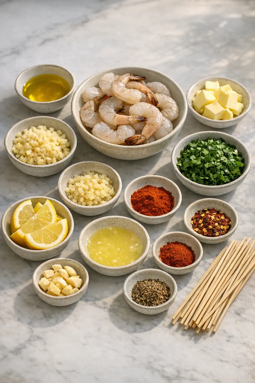Ingredients for garlic butter shrimp skewers: raw shrimp, butter, garlic, parsley, lemon and olive oil on a cutting board