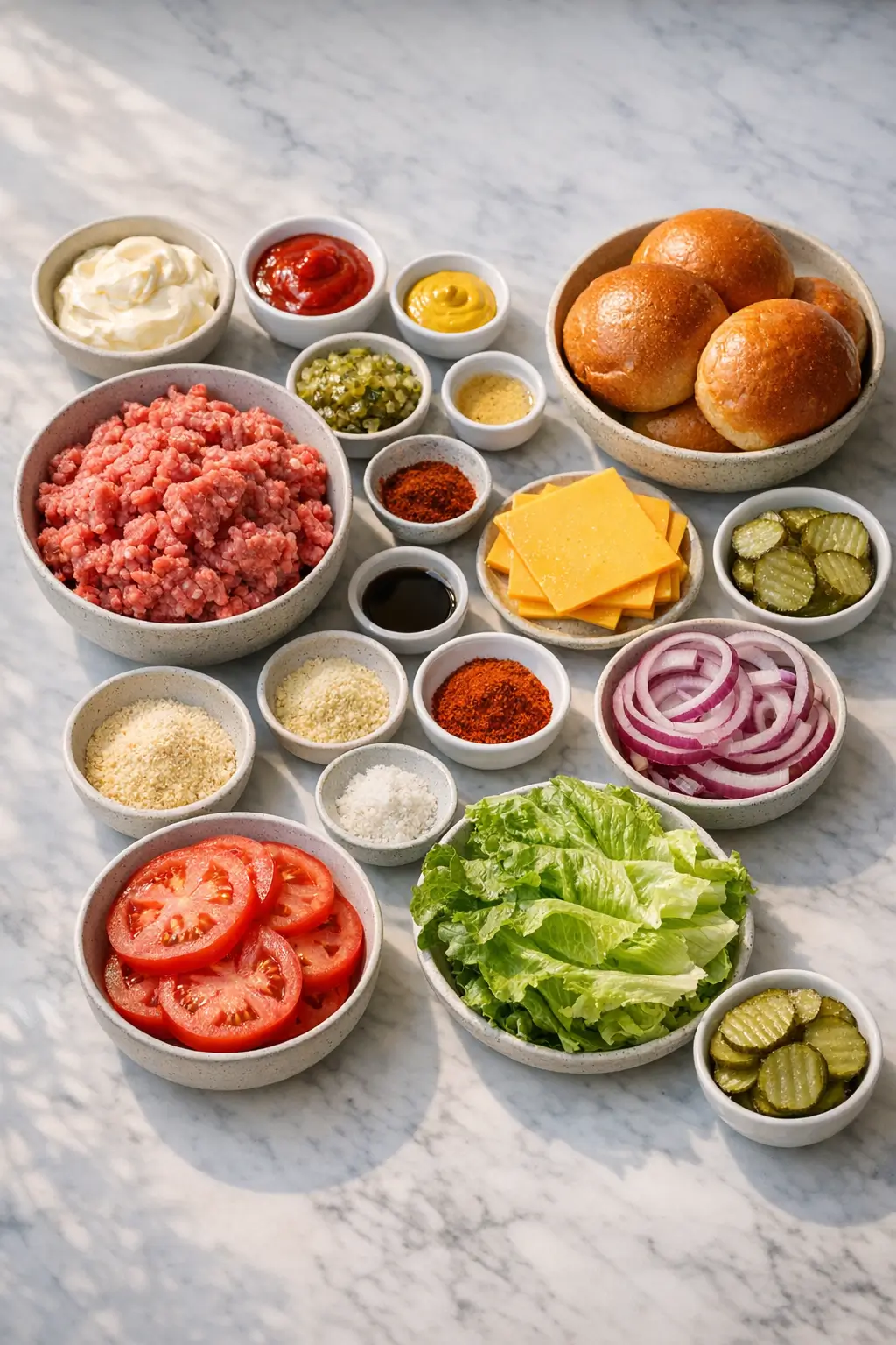 Ingredients for grilled burgers with special sauce: ground beef, buns, cheddar, pickles, spices and condiments arranged on a prep surface