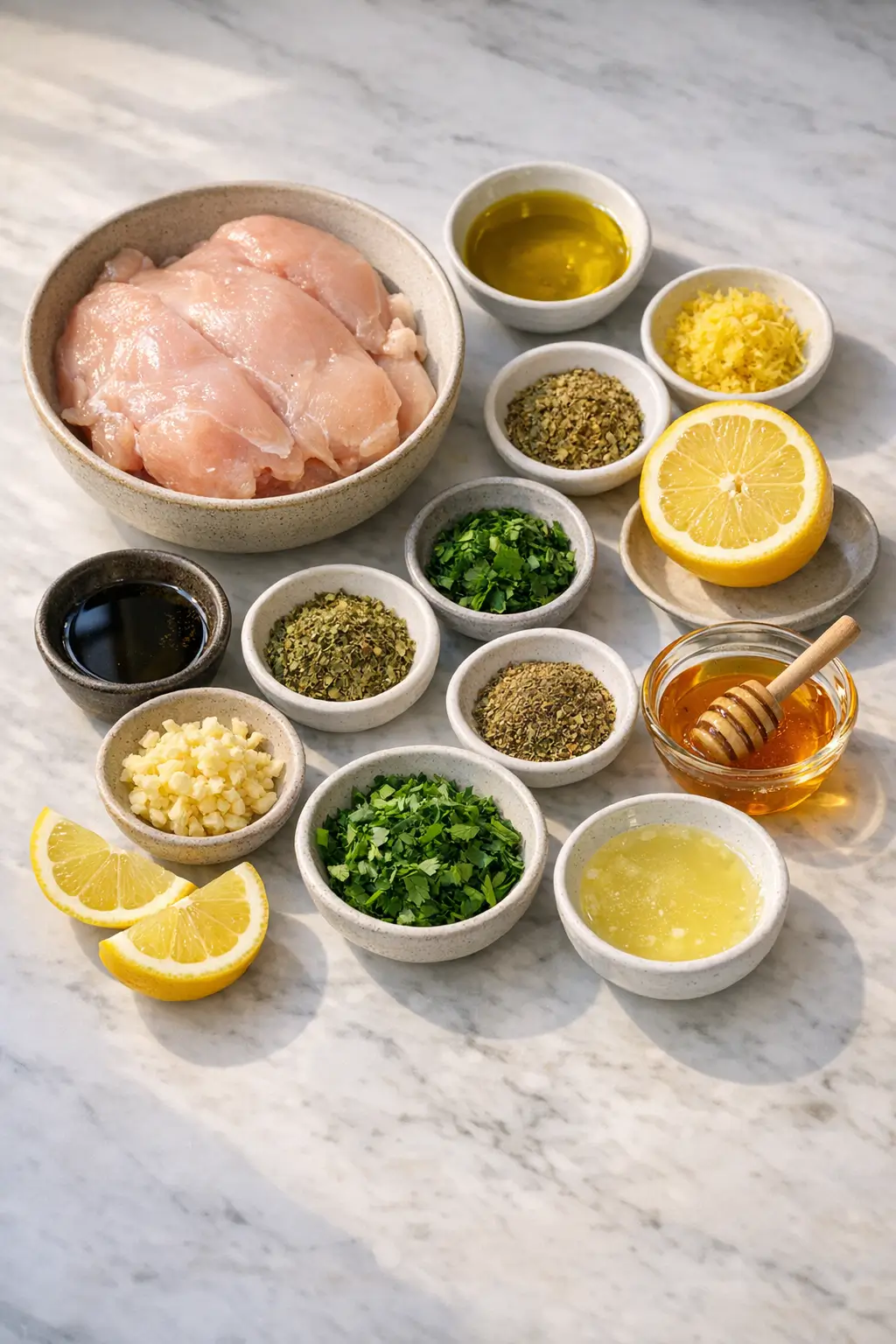 Ingredients for lemon herb marinade: lemons, garlic, olive oil, fresh parsley and thyme in bowls on a wooden board