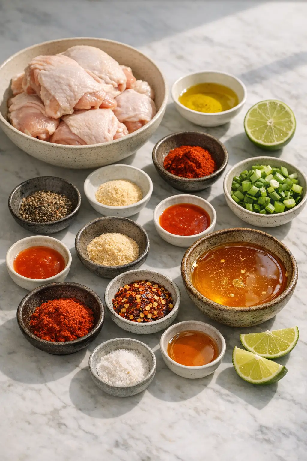 Raw ingredients for grilled chicken thighs with hot honey glaze: bone-in skin-on thighs, spices, honey and citrus