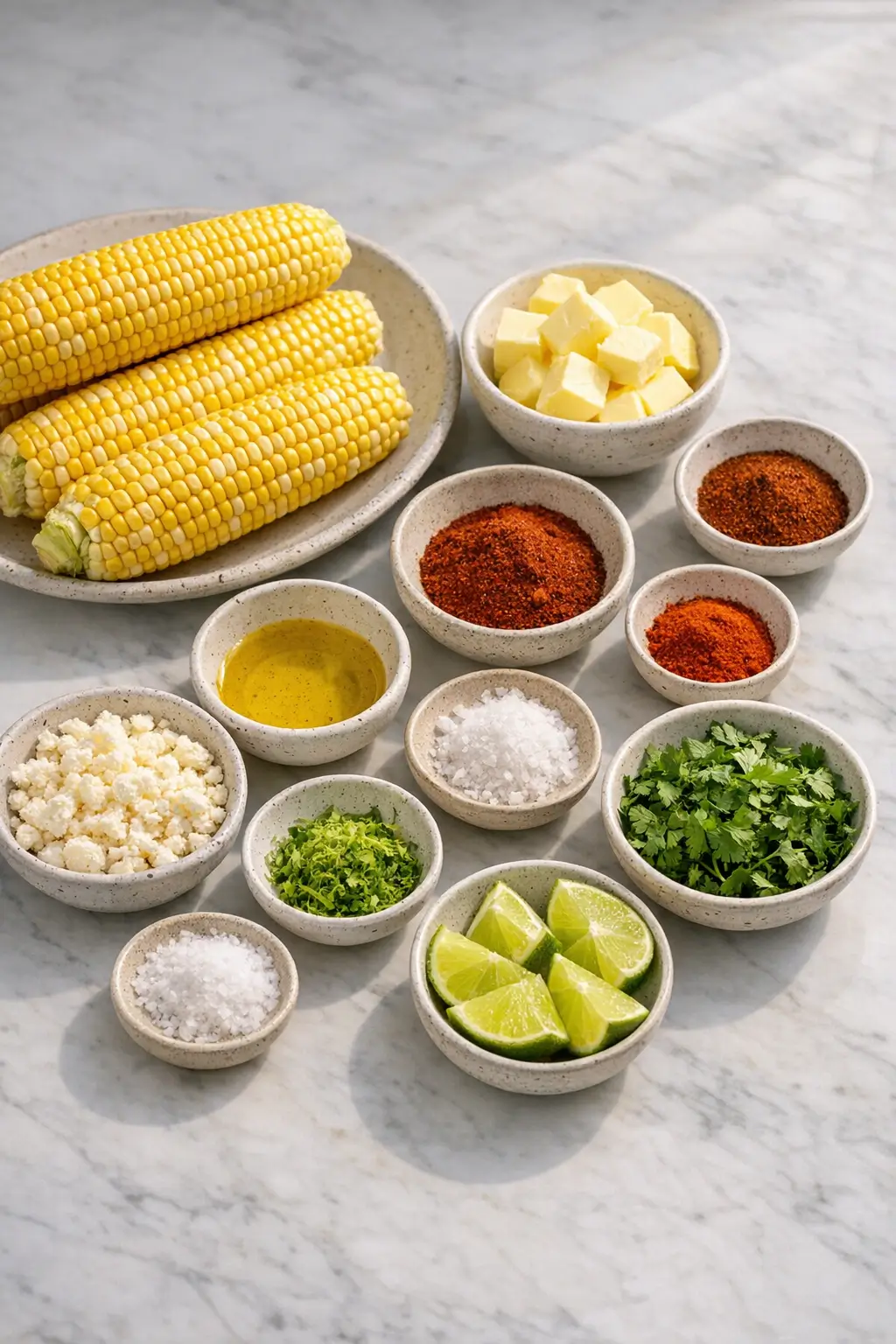 Ingredients for grilled corn on the cob with chili lime butter: fresh ears of corn, butter, lime, chili powder, cotija cheese and cilantro