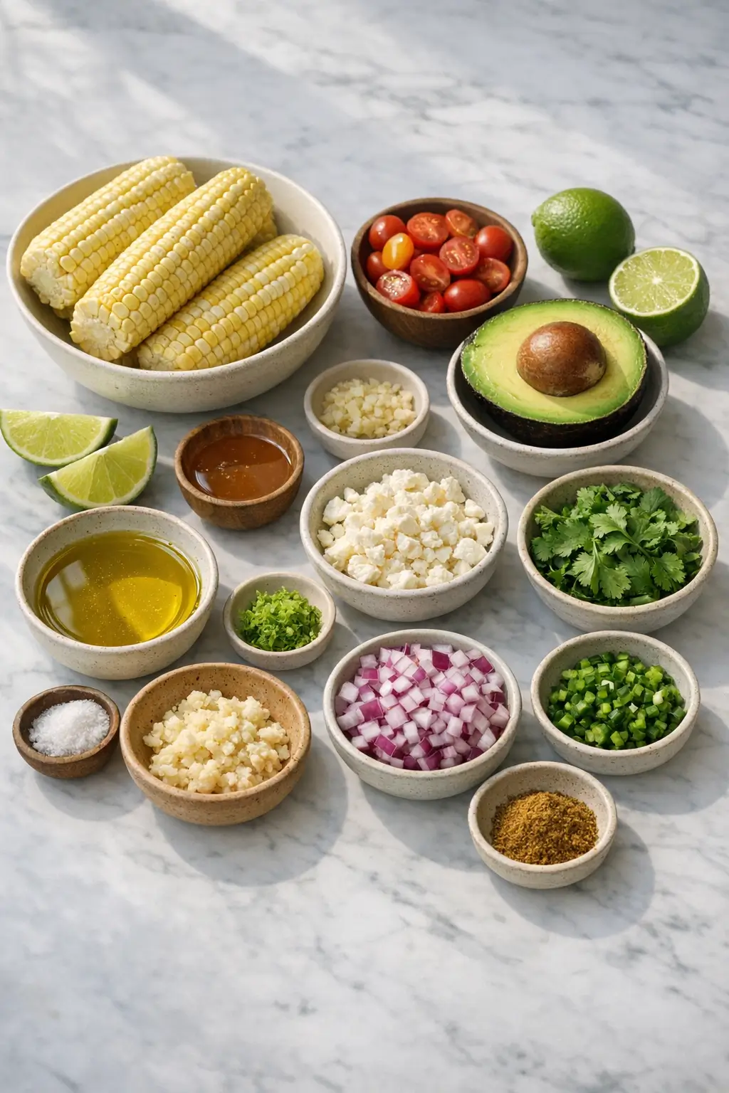 Ingredients for grilled corn salad with avocado and lime laid out: fresh corn, avocado, cherry tomatoes, red onion, cilantro, jalapeño and lime