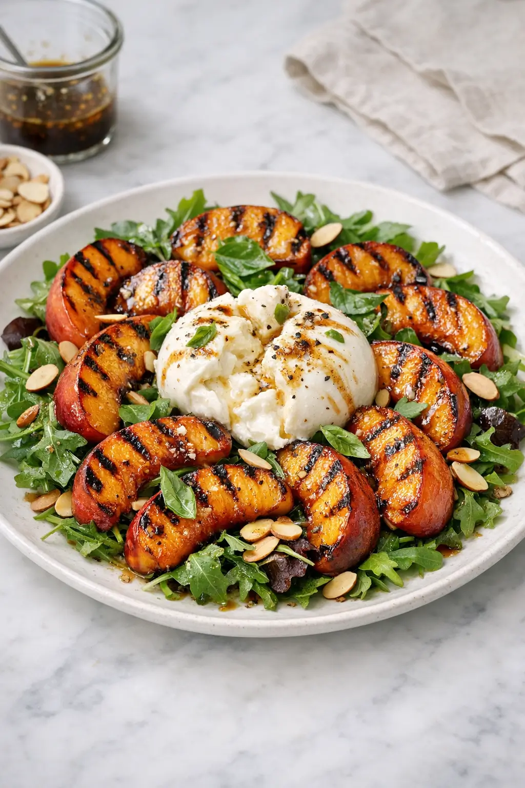 Grilled Peach Salad with Burrata and Basil Joy