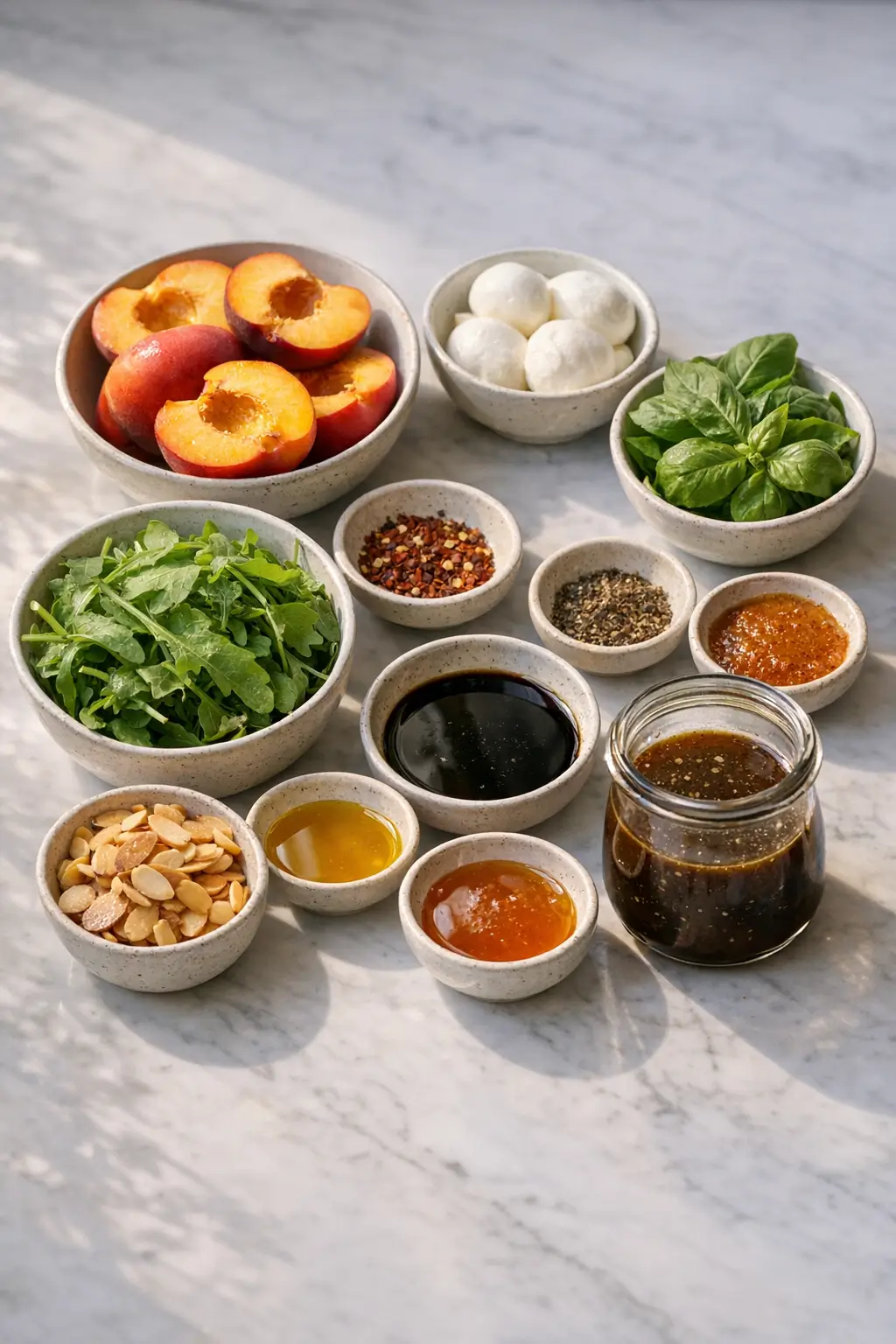 Ingredients for grilled peach salad: halved peaches, burrata, basil, arugula, olive oil and toasted nuts on a cutting board