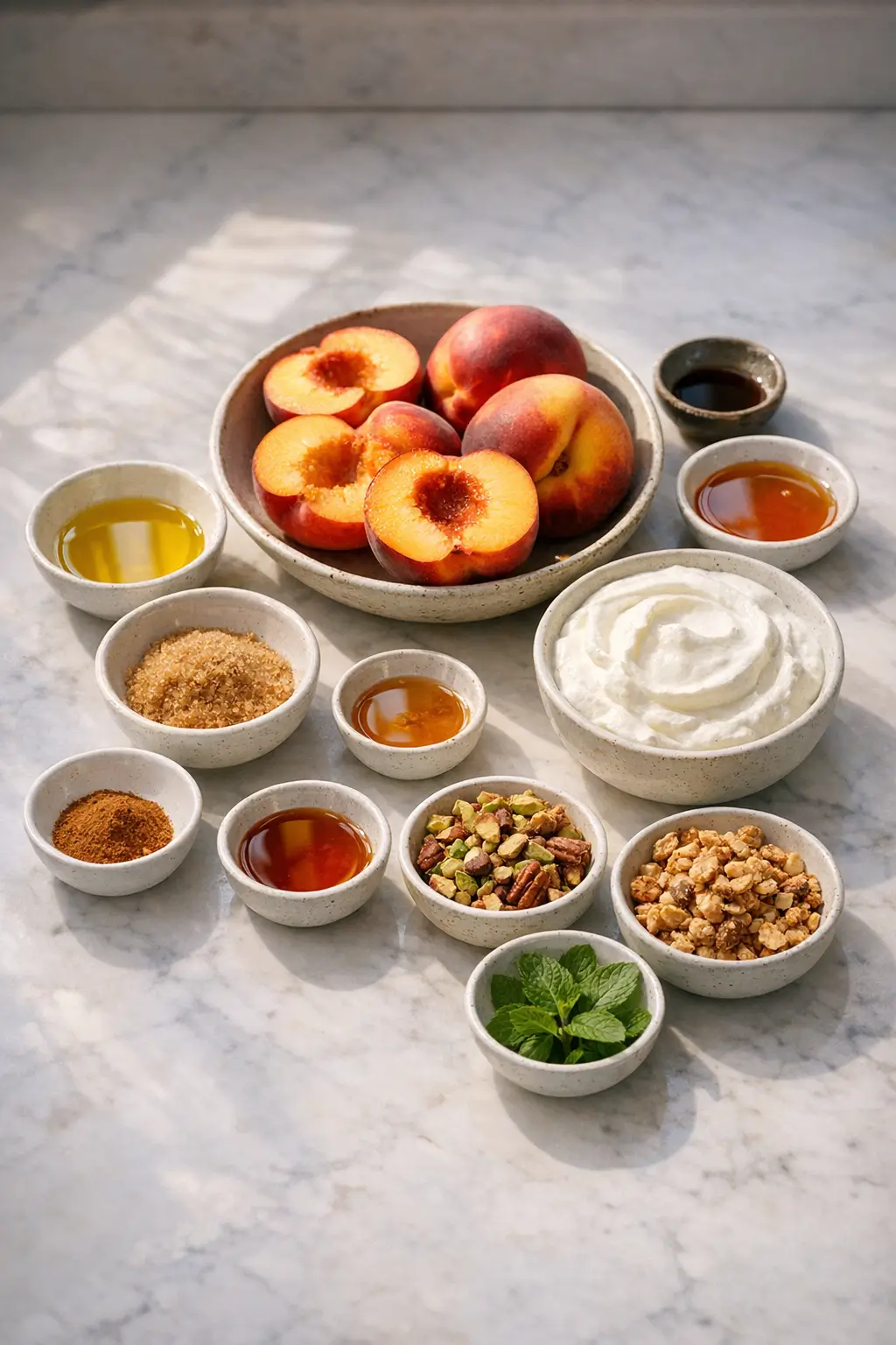 Halved peaches, oil, honey, Greek yogurt and spices arranged as ingredients for grilled peaches