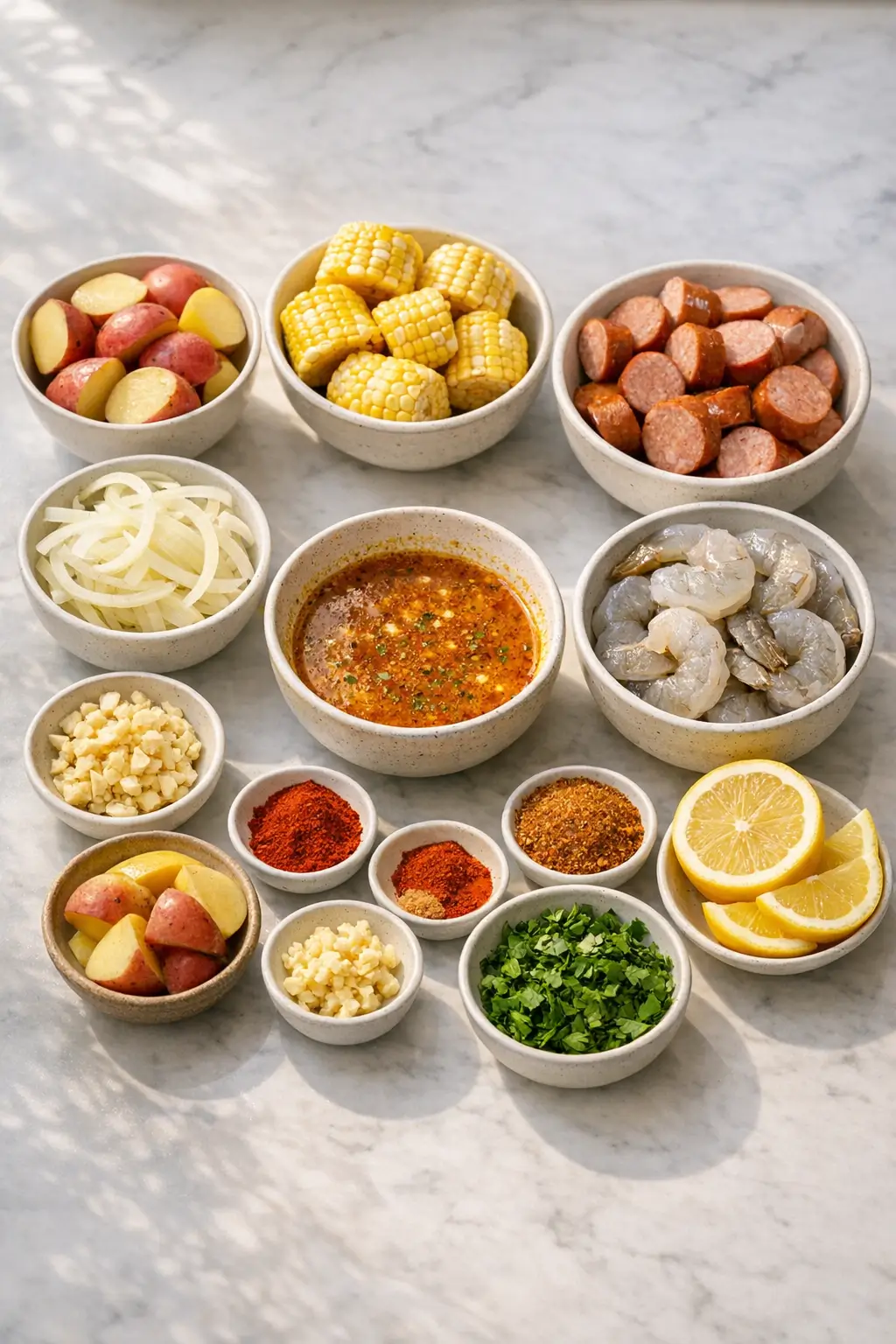 Raw ingredients for grilled shrimp boil foil packets: shrimp, halved baby potatoes, corn rounds, sliced smoked sausage, onion, garlic, and seasoned butter