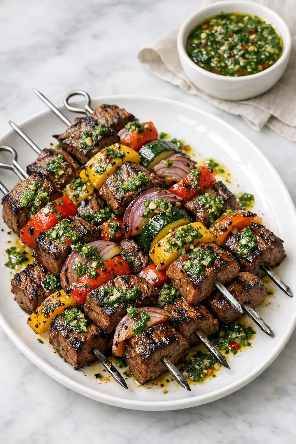 Grilled Steak Kebabs with Chimichurri Sauce
