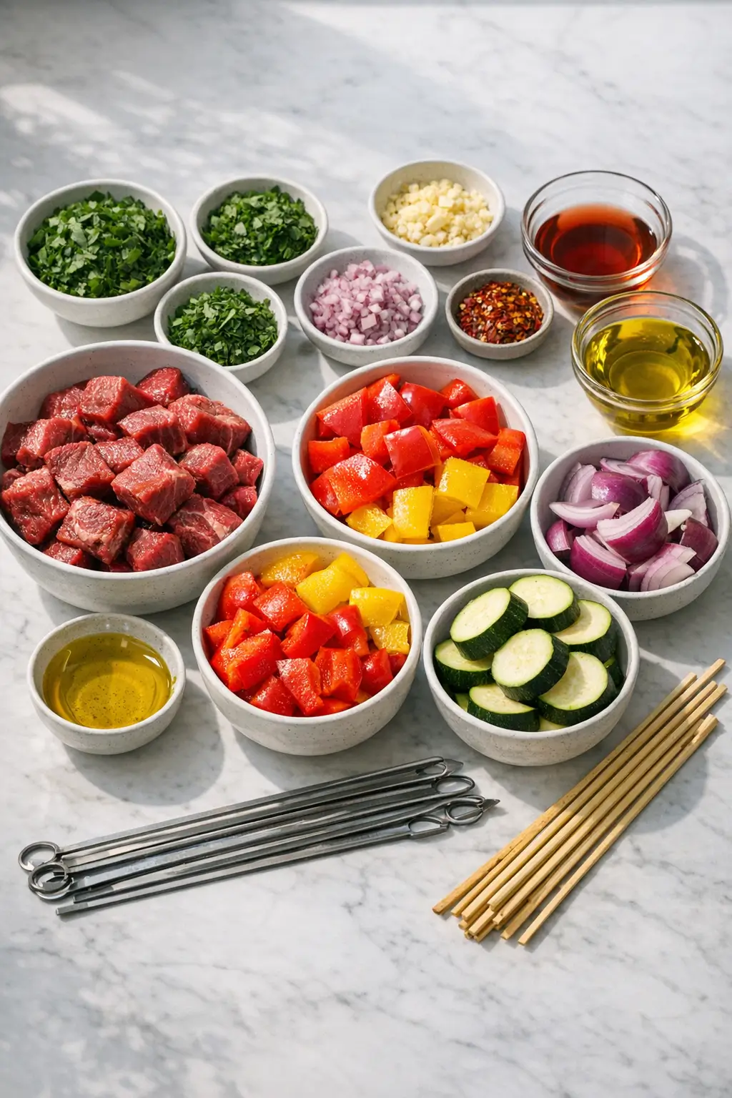 Raw ingredients for grilled steak kebabs and chimichurri on a cutting board including steak cubes, bell peppers, zucchini, herbs, garlic, and olive oil