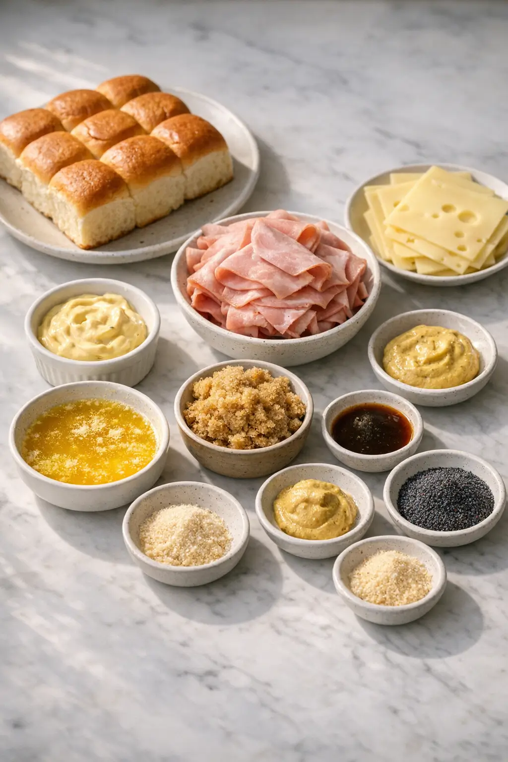 Ingredients laid out for sliders: Hawaiian sweet rolls, sliced ham, Swiss cheese, butter, brown sugar, Dijon mustard and poppy seeds