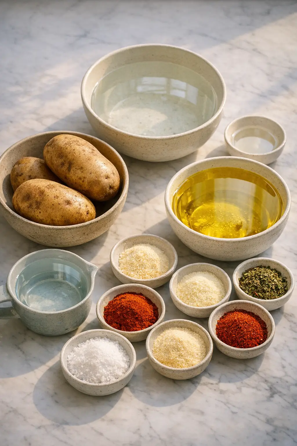Sliced potatoes in a bowl with measuring spoons and salt — ingredients for homemade potato chips