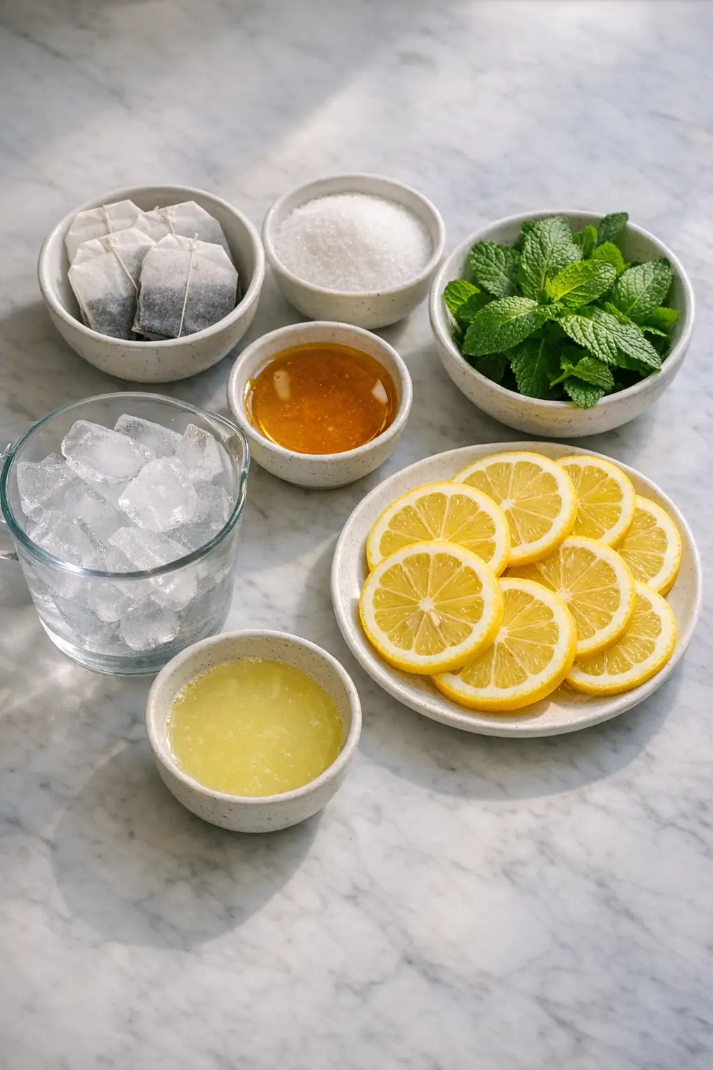Ingredients for lemon and mint iced tea laid out: lemons, fresh mint, black tea bags, sugar and measuring cups