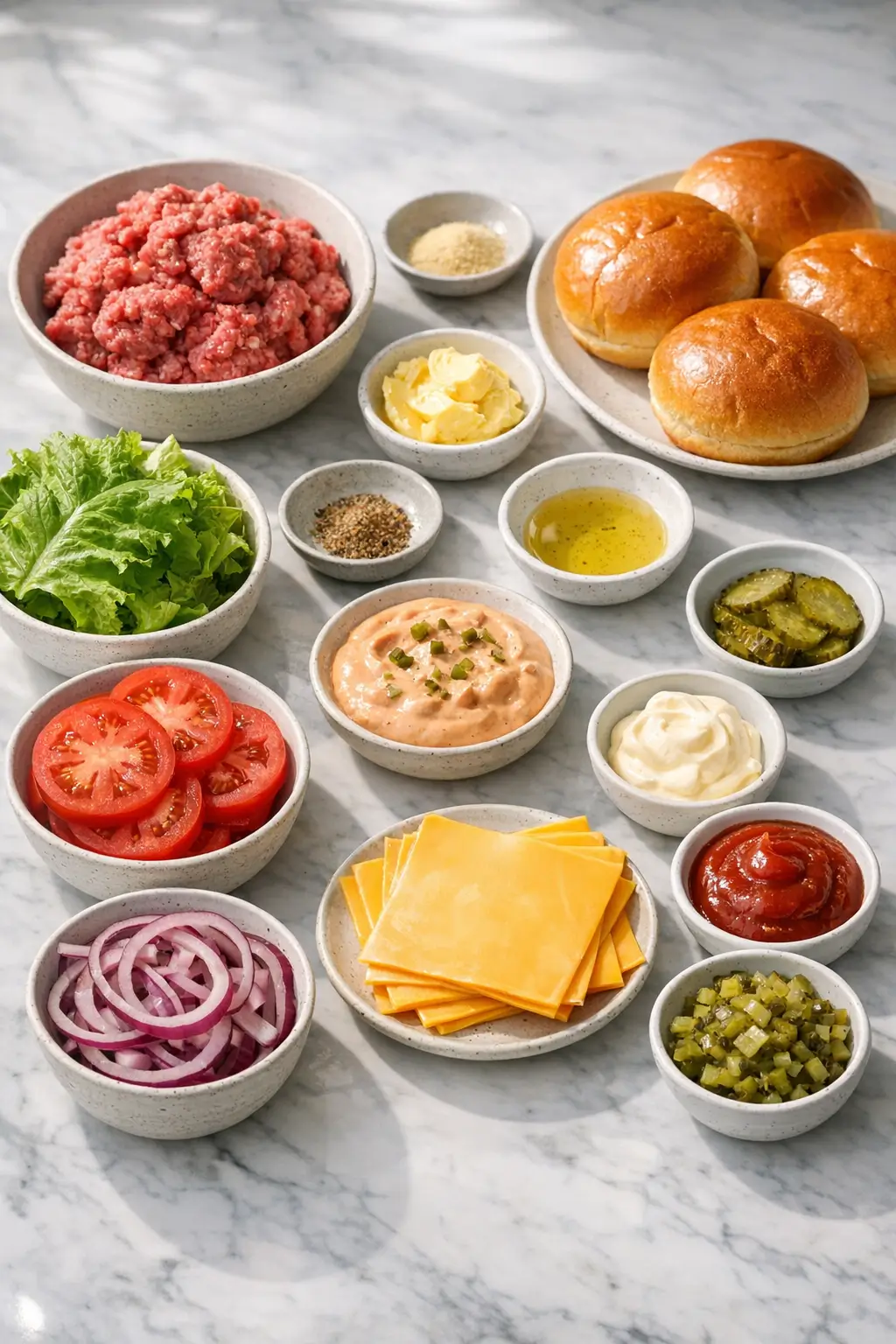 Recipe ingredients for juicy hamburgers with American cheese: ground beef, American cheese slices, buns, butter, and sauce components