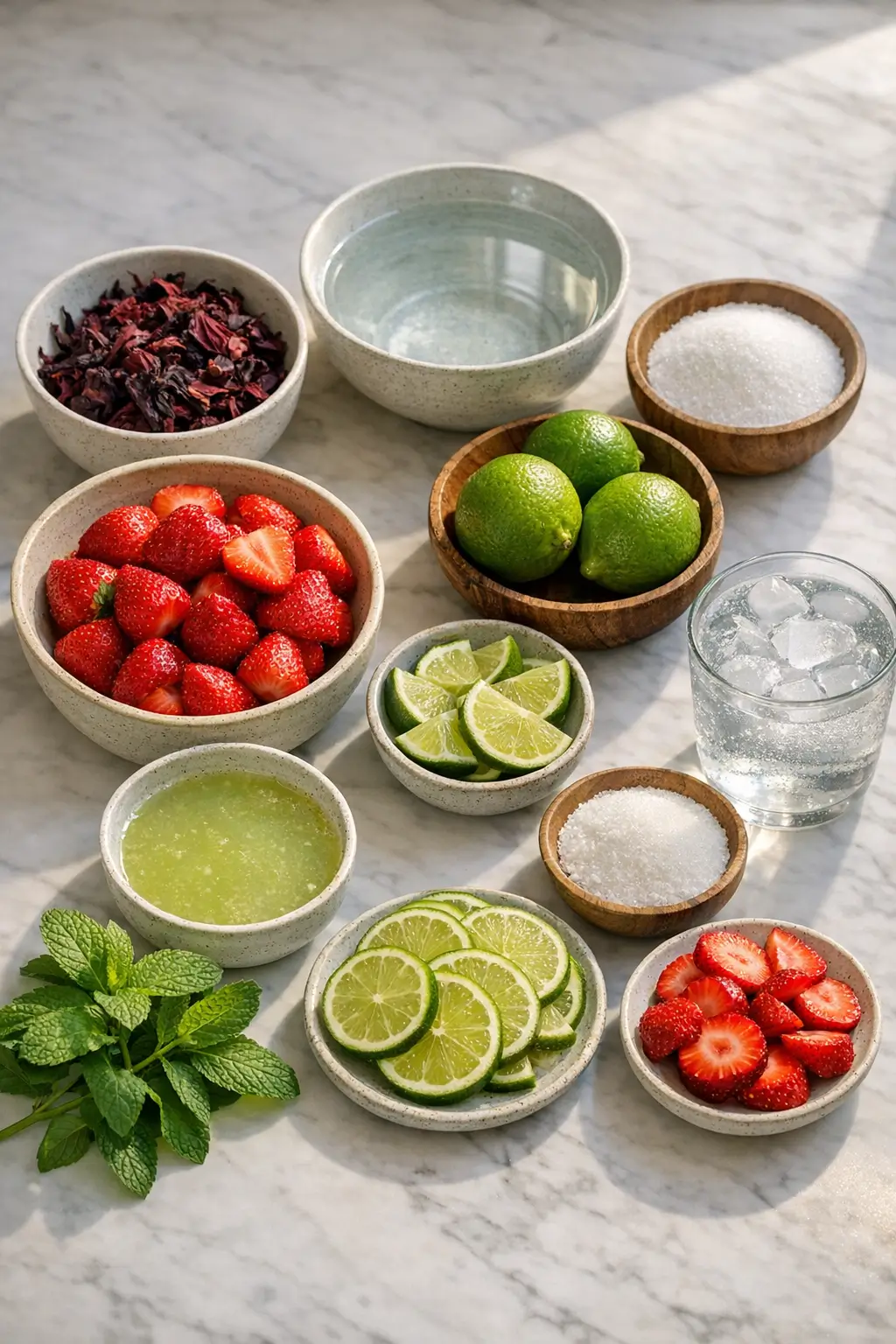 Ingredients for Juneteenth red drink: dried hibiscus, fresh strawberries, limes, sugar, and measuring cups arranged on a countertop