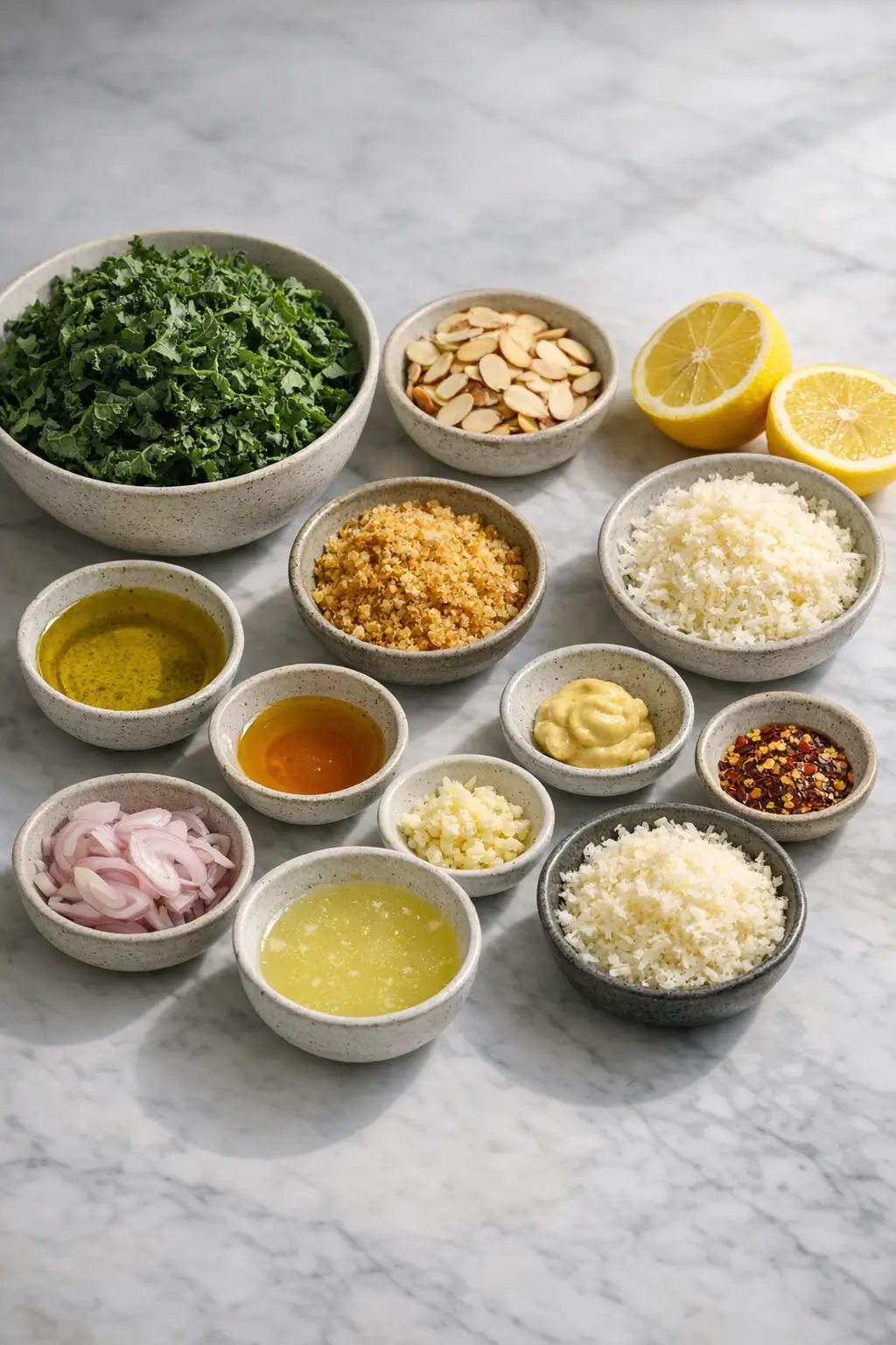 Bowls of sliced kale, panko breadcrumbs, sliced almonds and grated Parmesan ready to make kale crunch salad