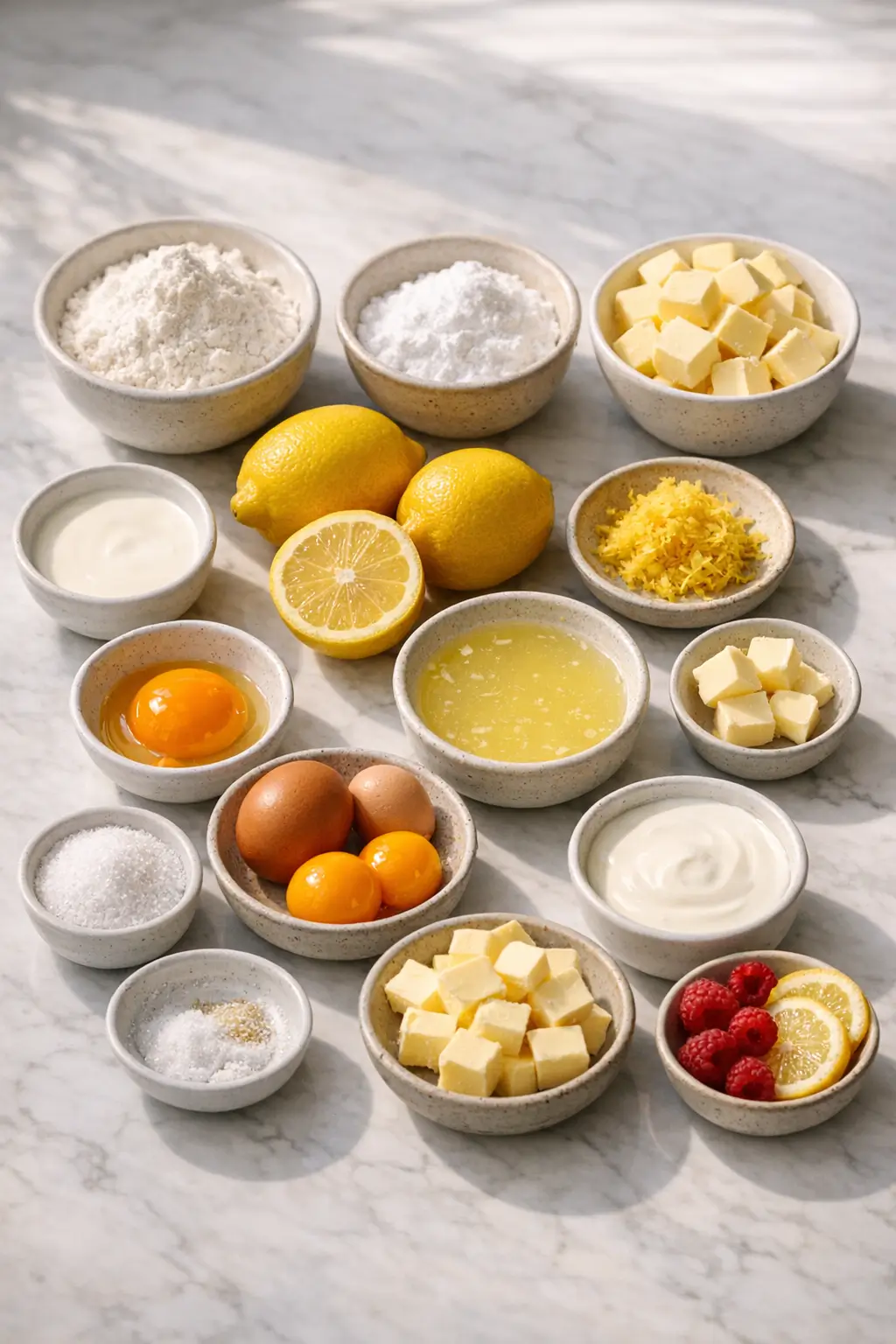 Ingredients for mini lemon tartlets: flour, butter, eggs, lemons, sugar and cream arranged on a kitchen counter