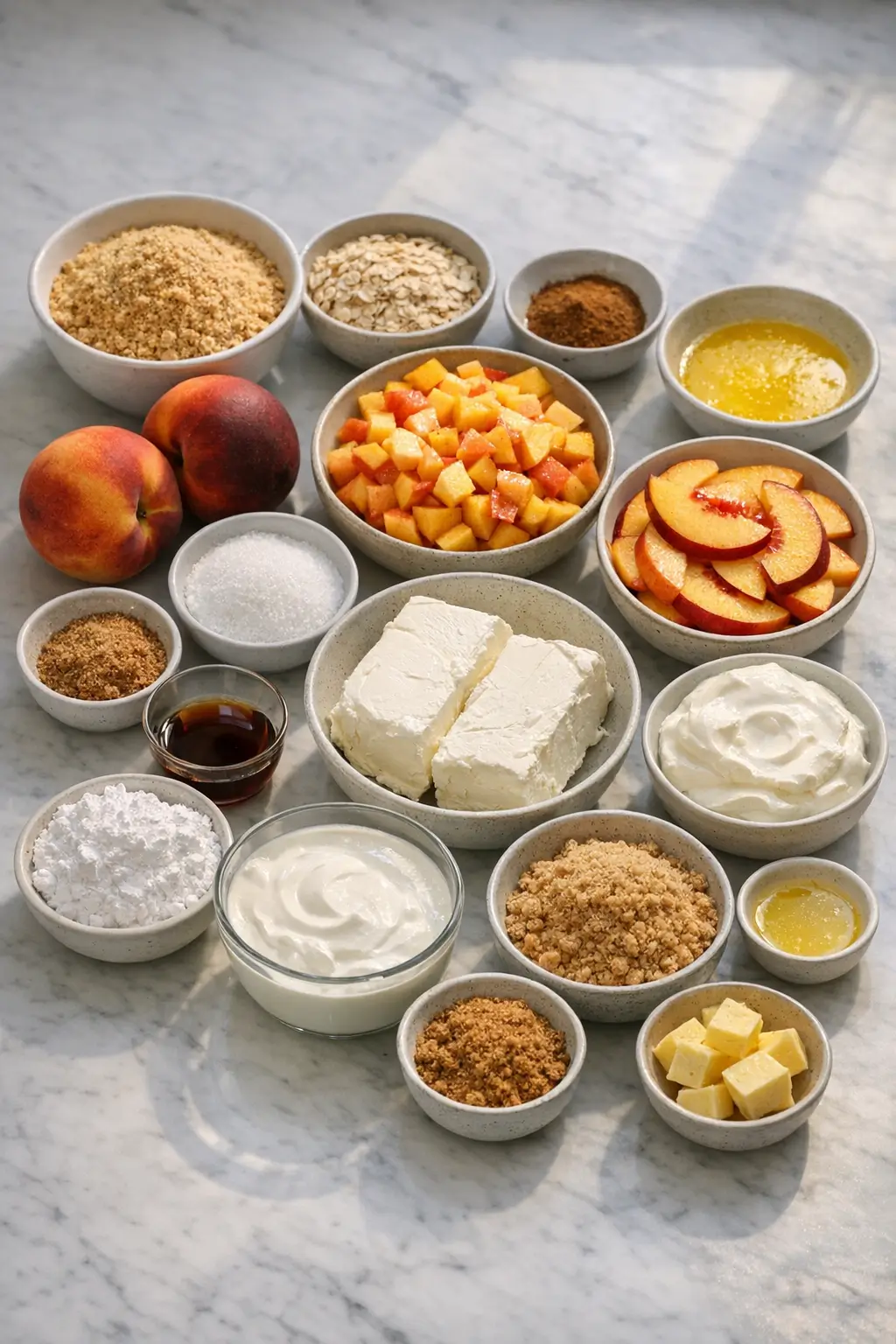 Fresh ingredients for No-Bake Peach Cobbler Cheesecake Bars for Summer