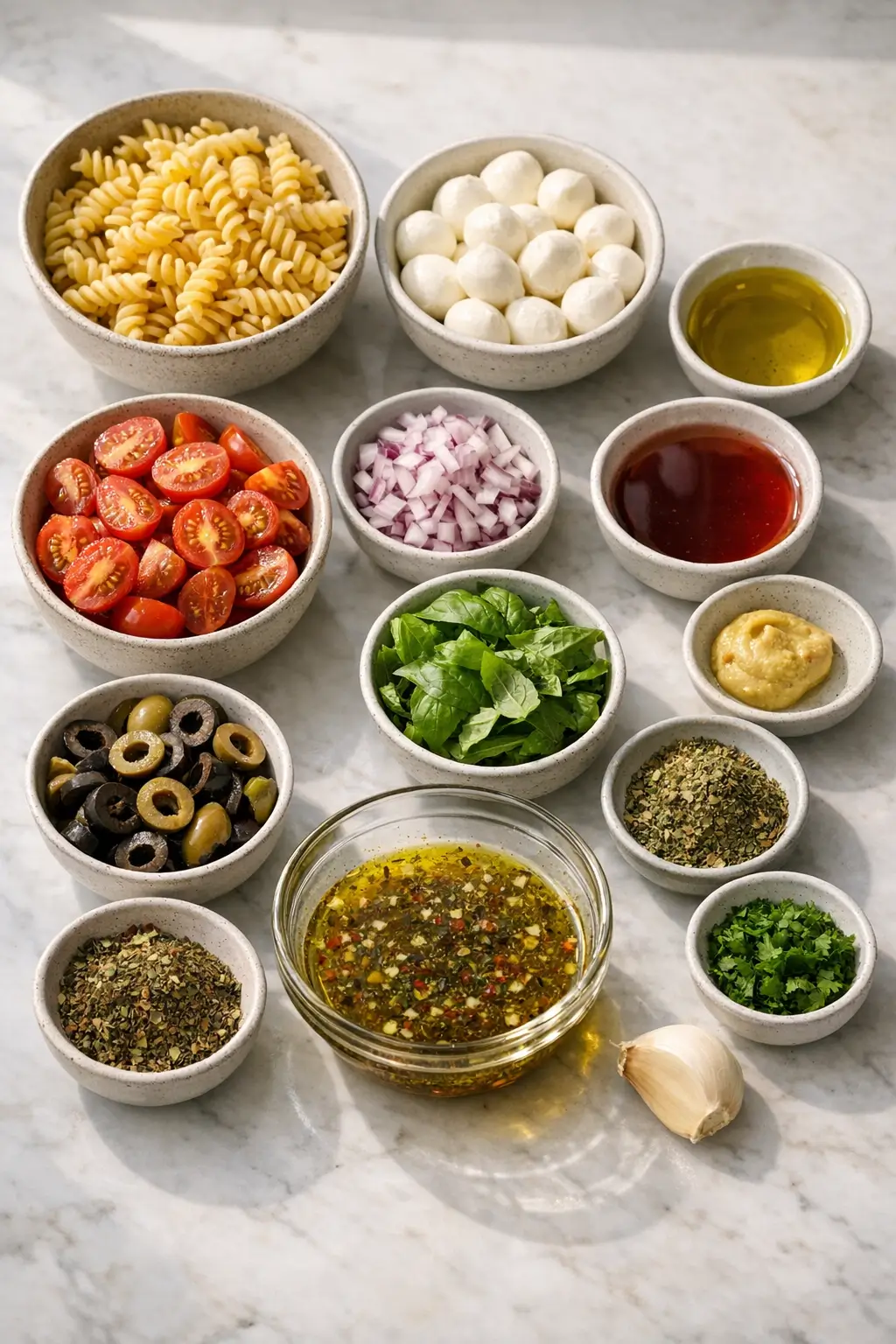 Ingredients for pasta salad with fresh mozzarella, cherry tomatoes, basil, red onion, olives, and short pasta laid out