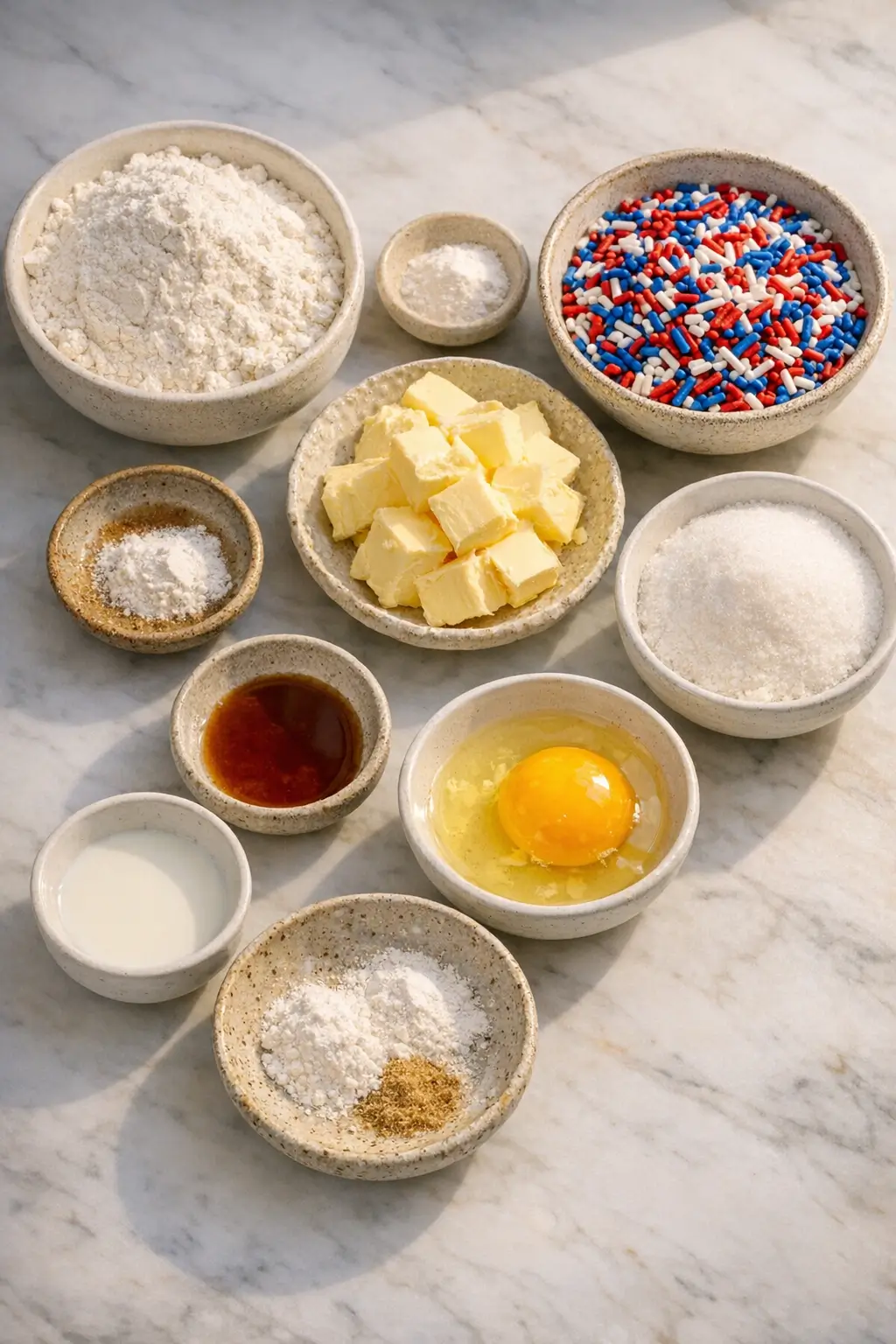 Measured ingredients for patriotic sugar cookies: flour, butter, sugar, egg, vanilla, and red white blue sprinkles