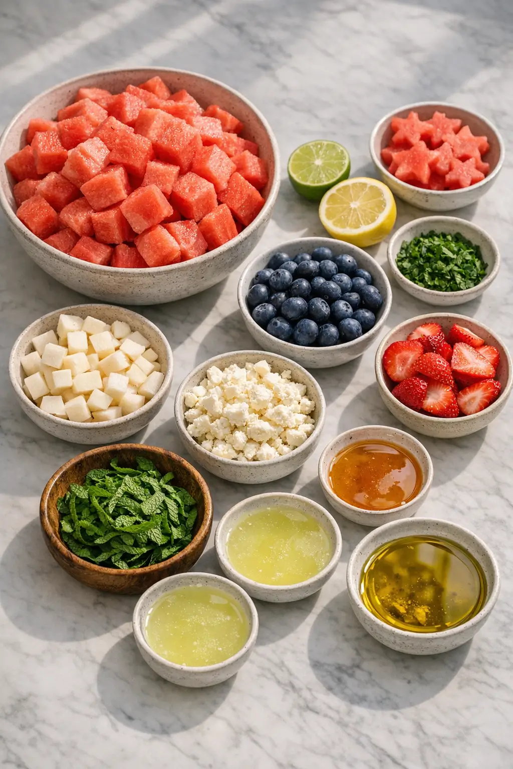 Prep bowl with cubed watermelon, blueberries, sliced strawberries, jicama, mint ribbons and crumbled feta ready for the salad