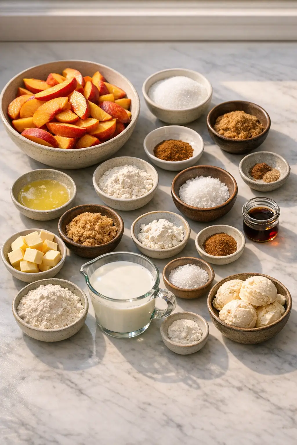 Ingredients for skillet peach cobbler: sliced peaches, sugars, spices, flour, milk and butter arranged on a counter