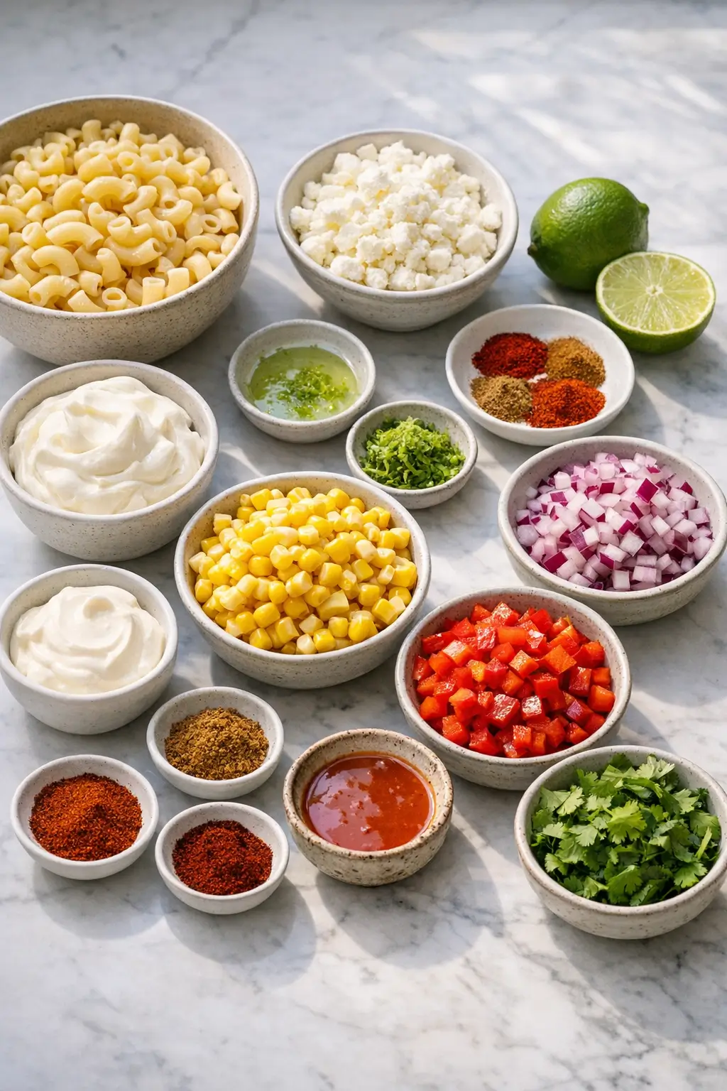 Bowl of ingredients for queso macaroni salad: elbow macaroni, corn, diced red pepper and onion, cilantro, and crumbled queso fresco