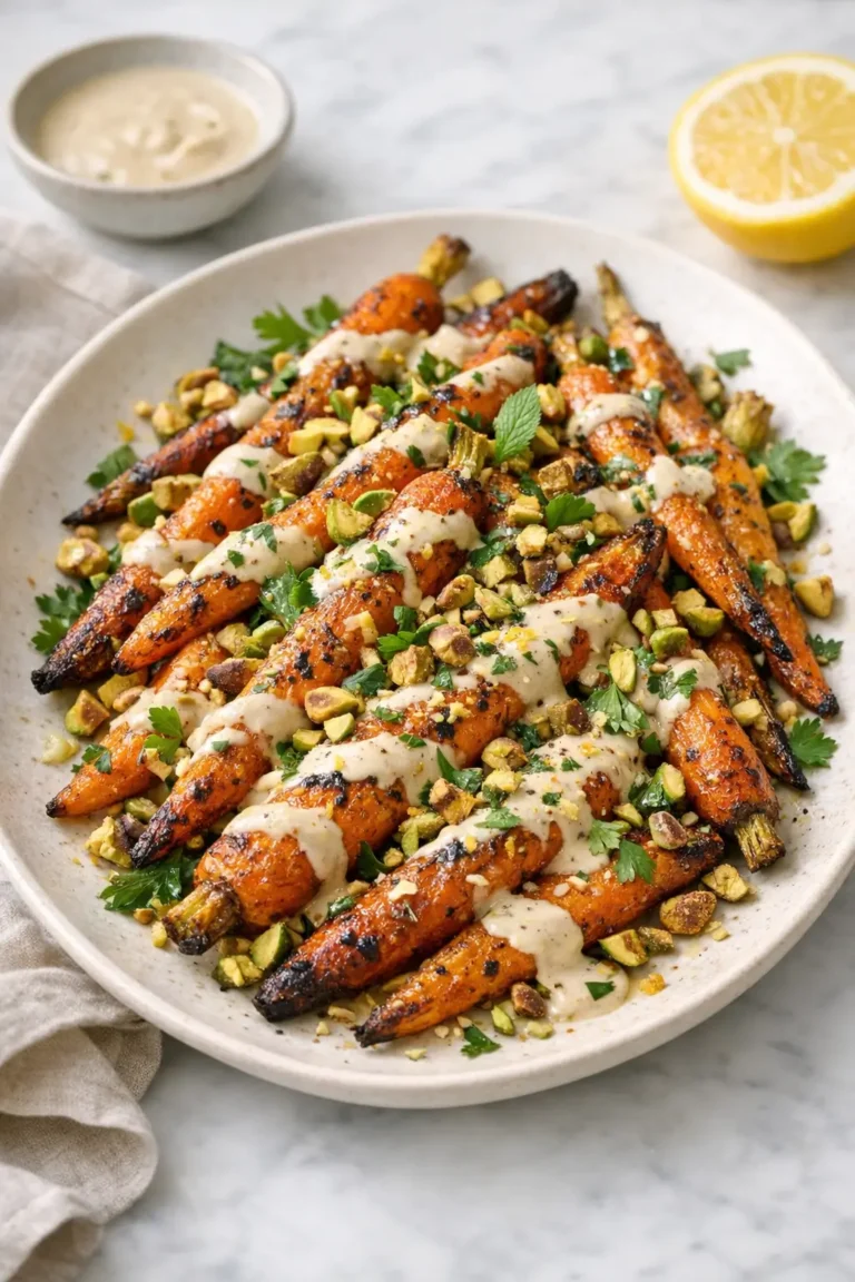 Roasted carrot salad with tahini and pistachios