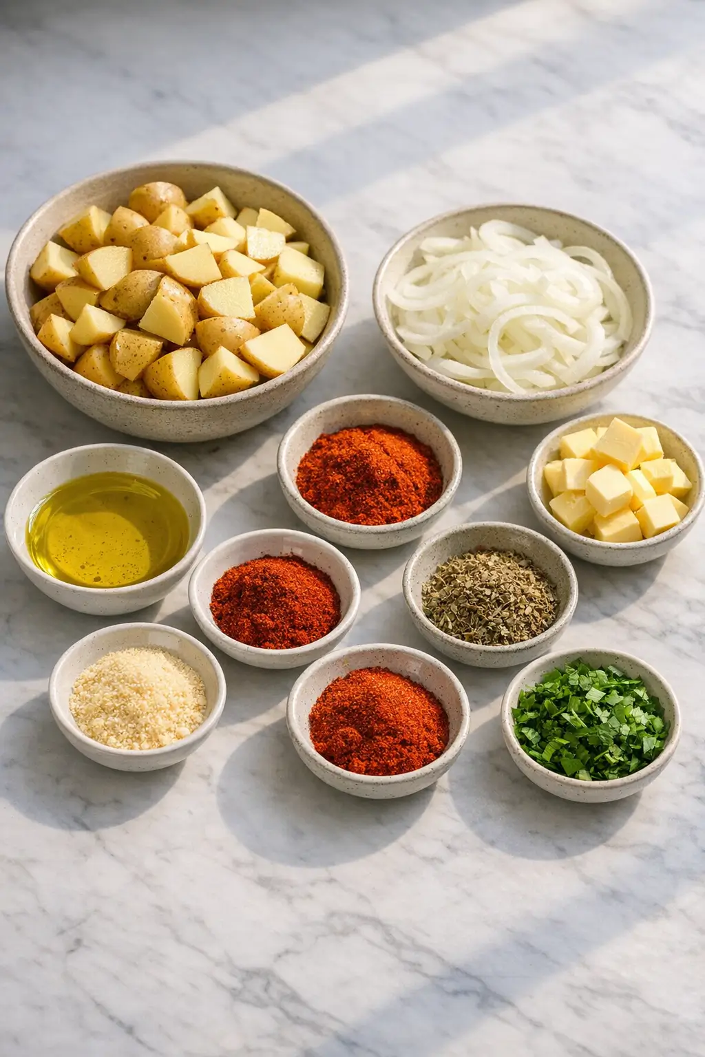 Bowl of sliced baby potatoes, thinly sliced onion, olive oil and spices ready for smoky grilled potato foil packets