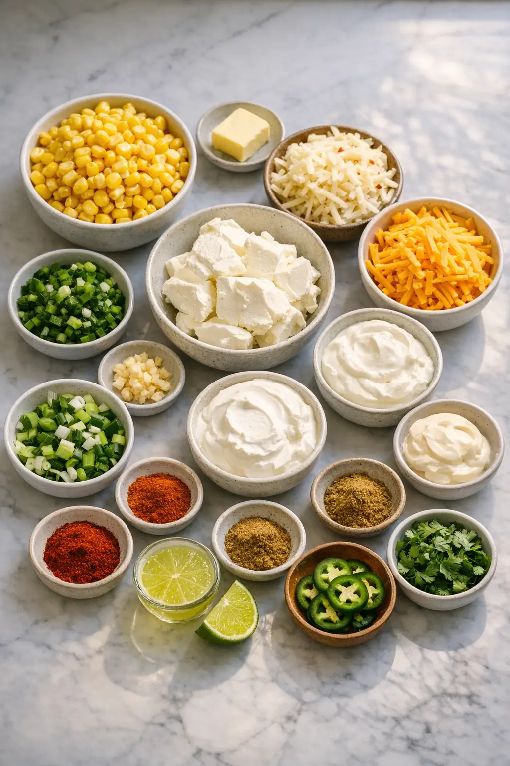 Ingredients for spicy corn dip on a counter: corn, cream cheese, pepper jack, jalapeños, green onions, and seasonings