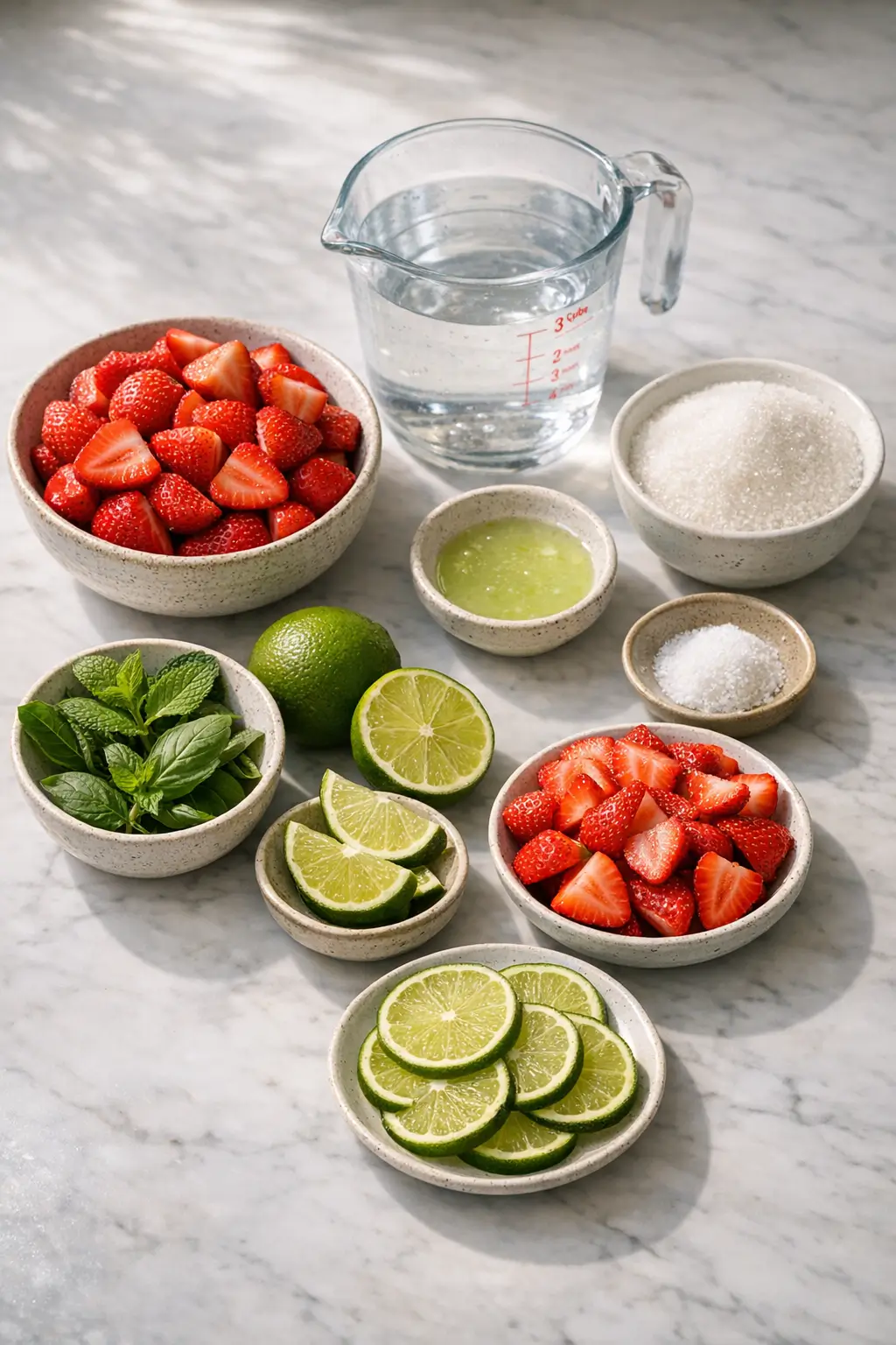 Hulled strawberries, lime, sugar and mint arranged on a counter ready to make strawberry agua fresca