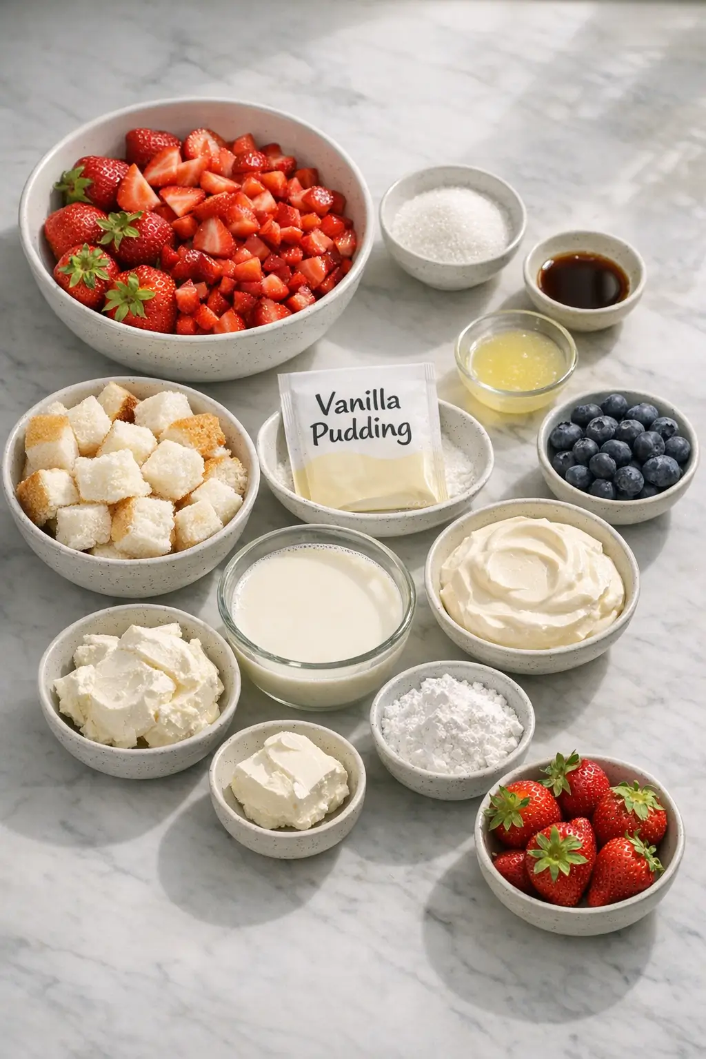 Ingredients for strawberry shortcake trifle: hulled strawberries, cubed angel food cake, instant vanilla pudding, and cold cream on a counter