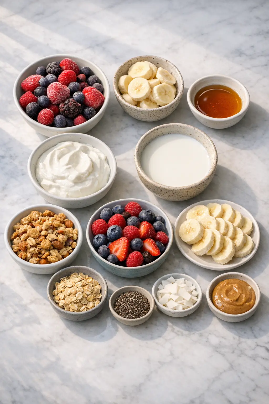 Ingredients for a summer berry smoothie bowl: frozen mixed berries, sliced banana, Greek yogurt, milk, granola and seeds on a kitchen counter