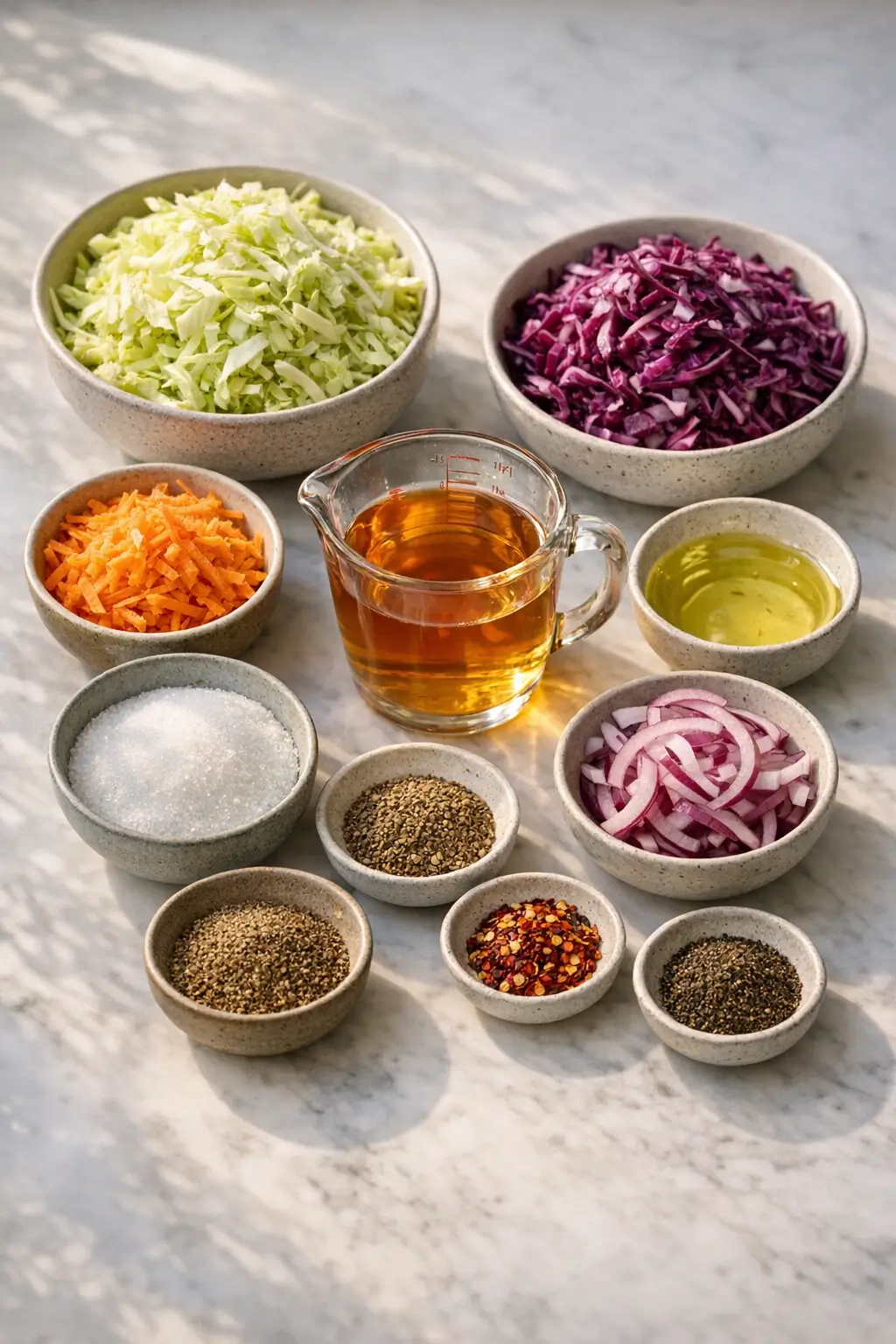 Bowl of shredded green and red cabbage, grated carrot and sliced red onion with a measuring jug of apple cider vinegar and oil ready for vinegar coleslaw