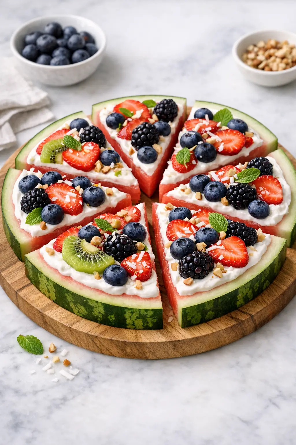 Watermelon Pizza Slices with Fresh Fruit Toppings