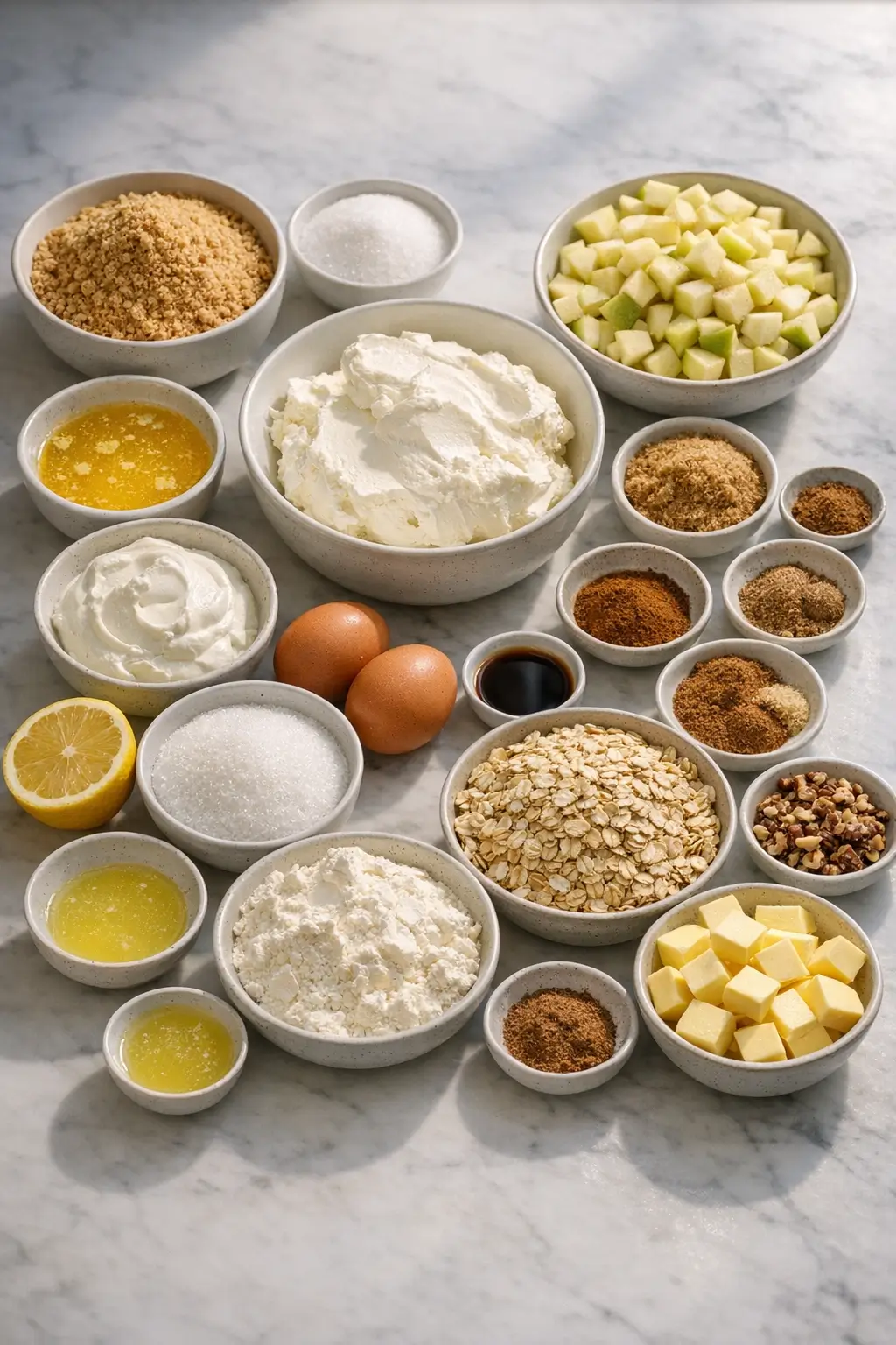 Ingredients for apple crisp cheesecake: cream cheese, graham crumbs, apples, oats, and spices arranged for baking