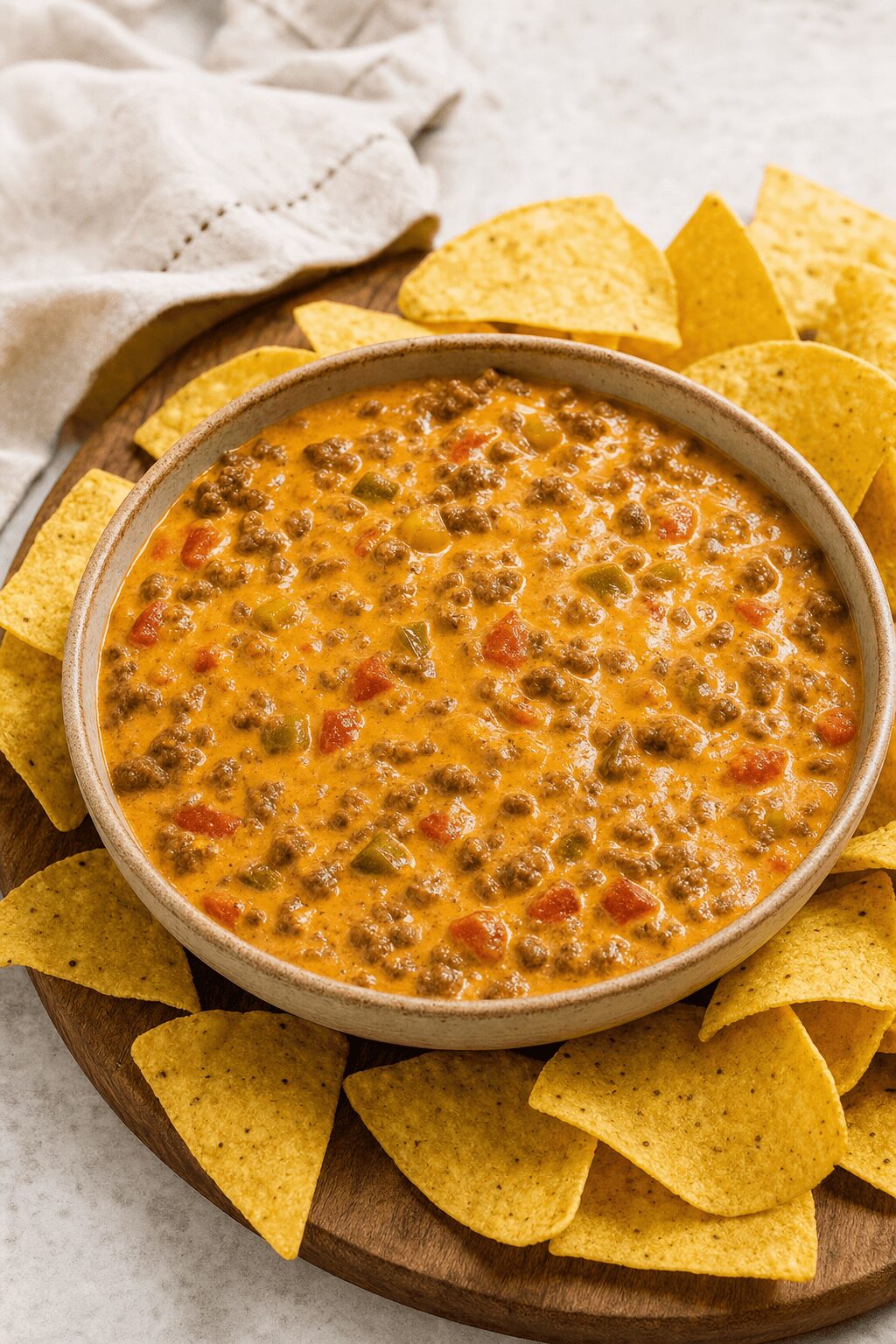 Chili Cheese Dip with Ground Beef That Stays Creamy