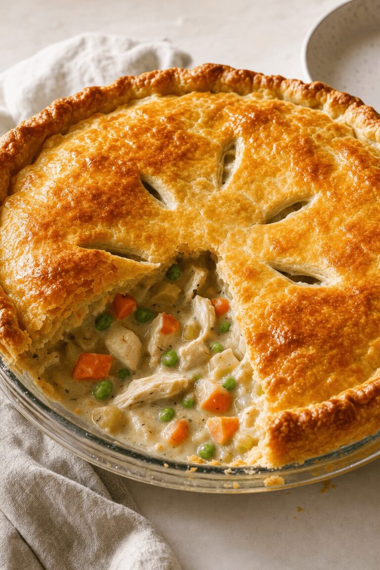 Chicken pot pie with a golden crust