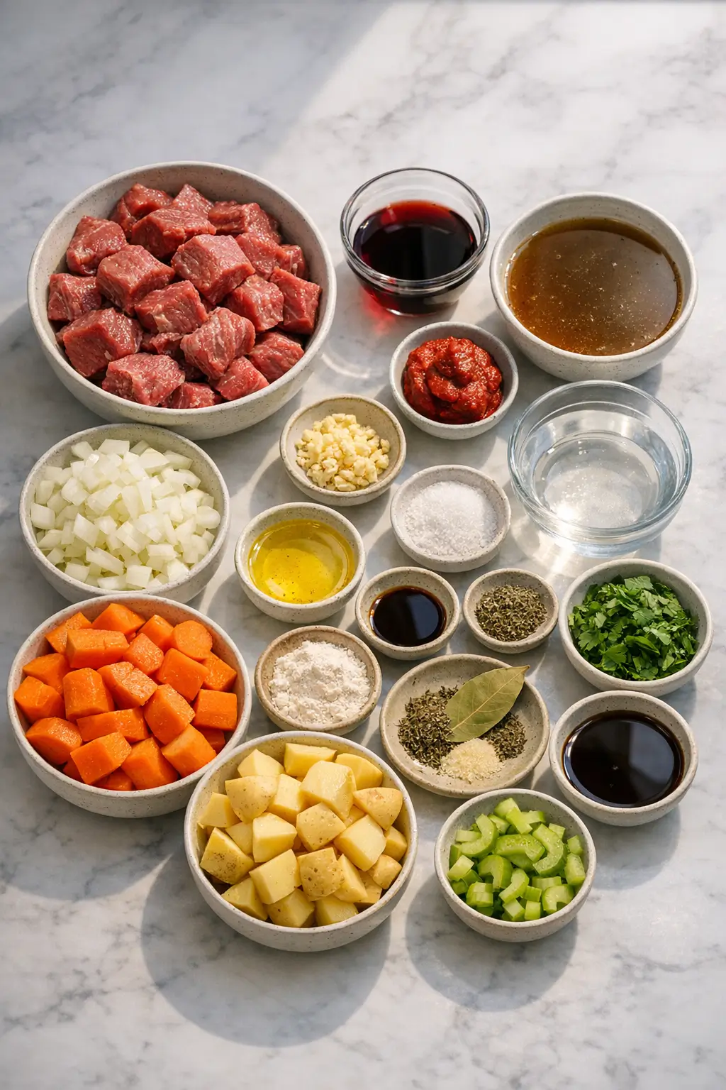 Ingredients for cozy beef stew: cubed beef chuck, carrots, potatoes, onions and seasonings arranged on a counter