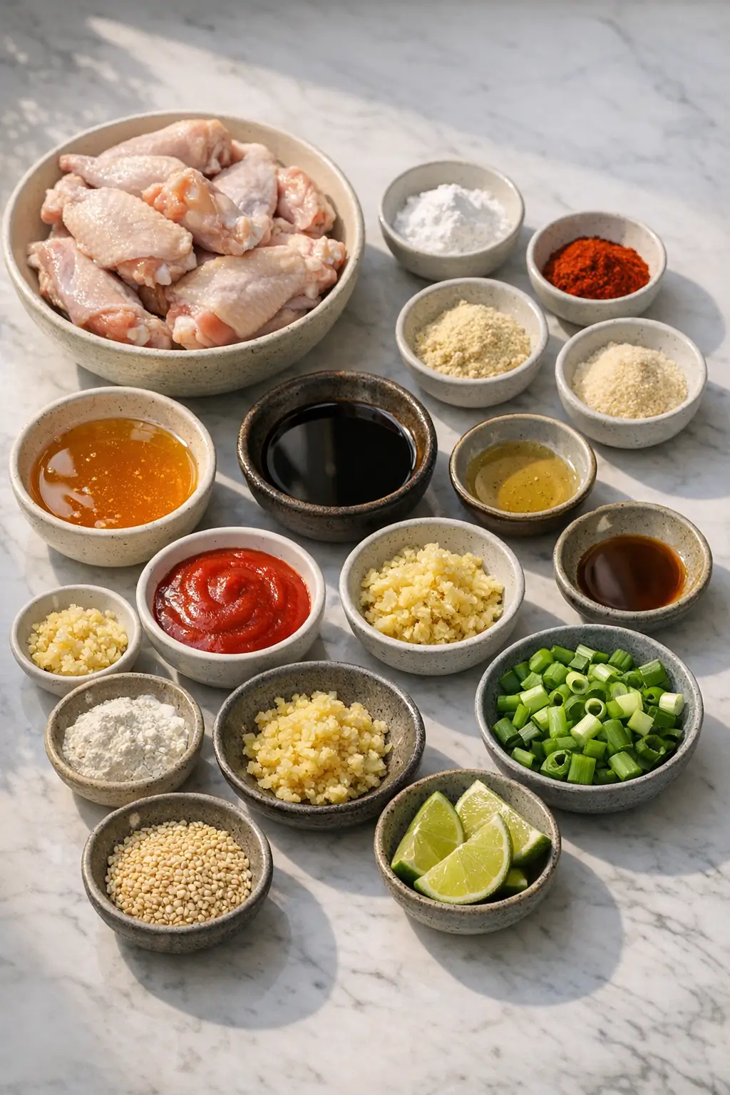 Raw chicken wings with small bowls of honey, sriracha, soy sauce and spices ready for prep