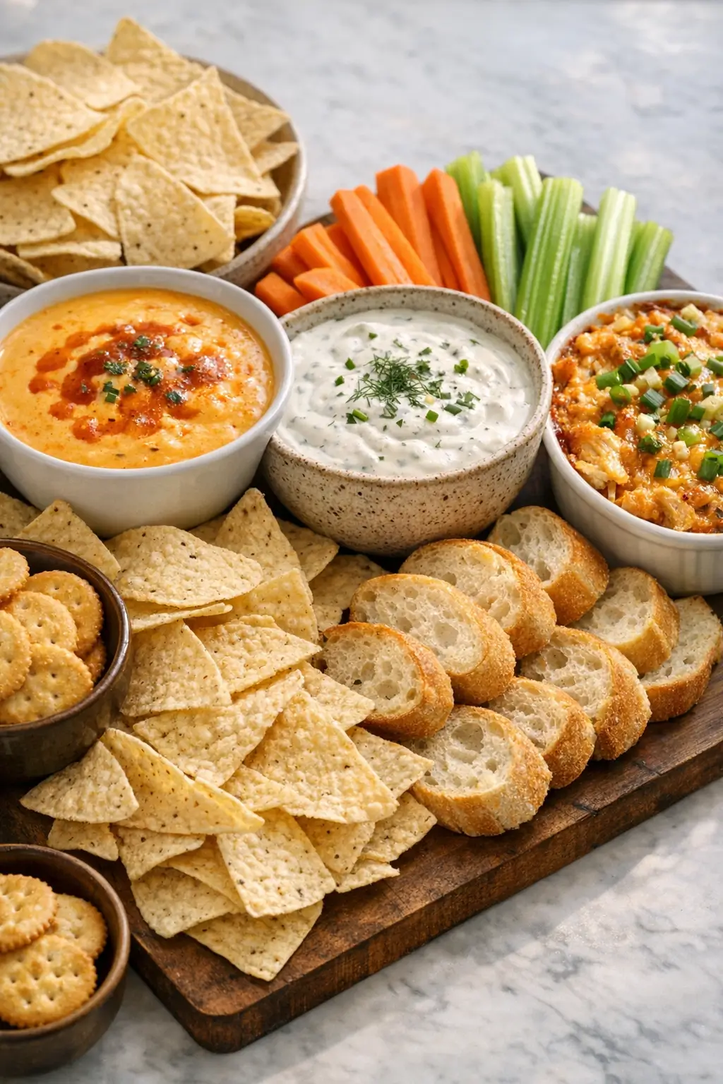Ingredients laid out for football tailgate dip trio: cream cheese blocks, shredded cheddar and Monterey Jack, butter, spices and fresh vegetables
